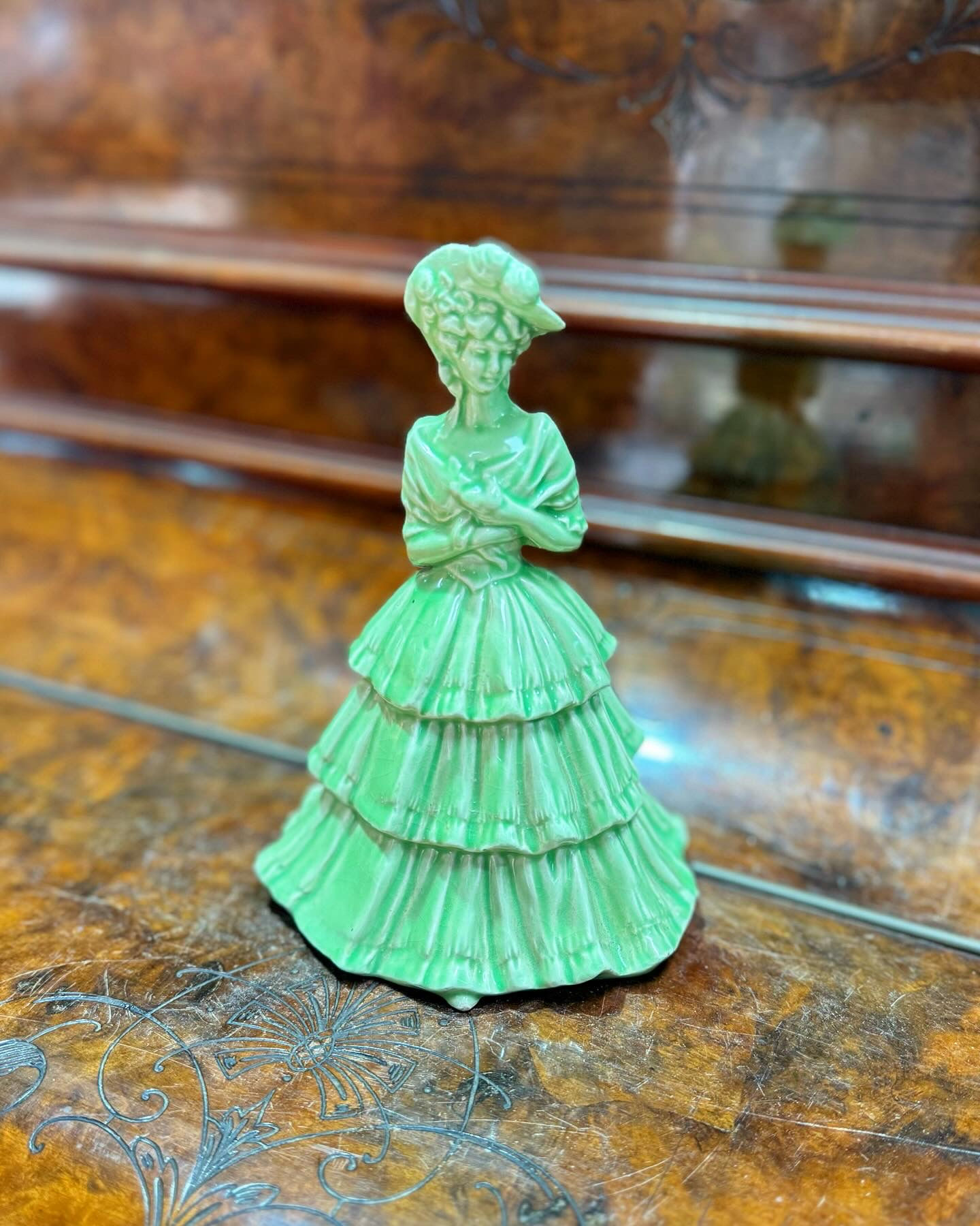 Green Glazed Ceramic Crinoline Dress Victorian Lady Statue/Figurine