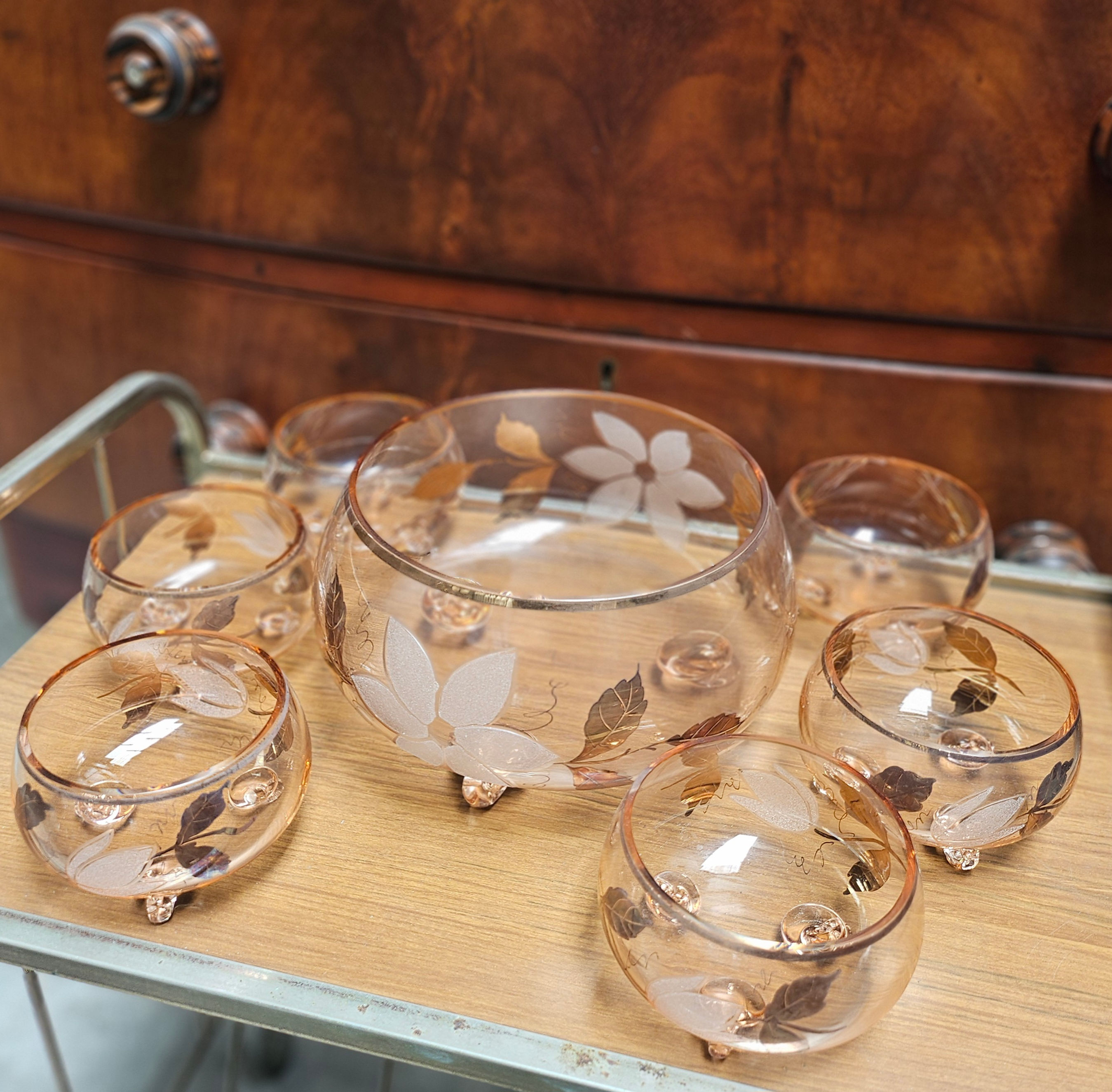 Punch Bowl Set: Mid Century Pink Glass Footed Bowl W/ 6 Matching Serving Bowls