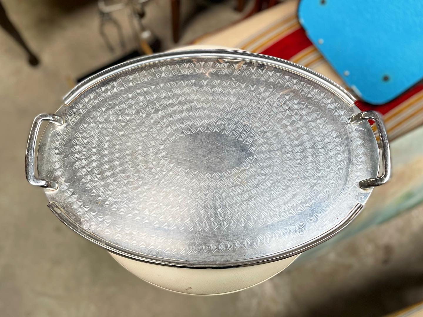 Elegant Oval Mid-Century Modern Metal Etched Tray with Handles