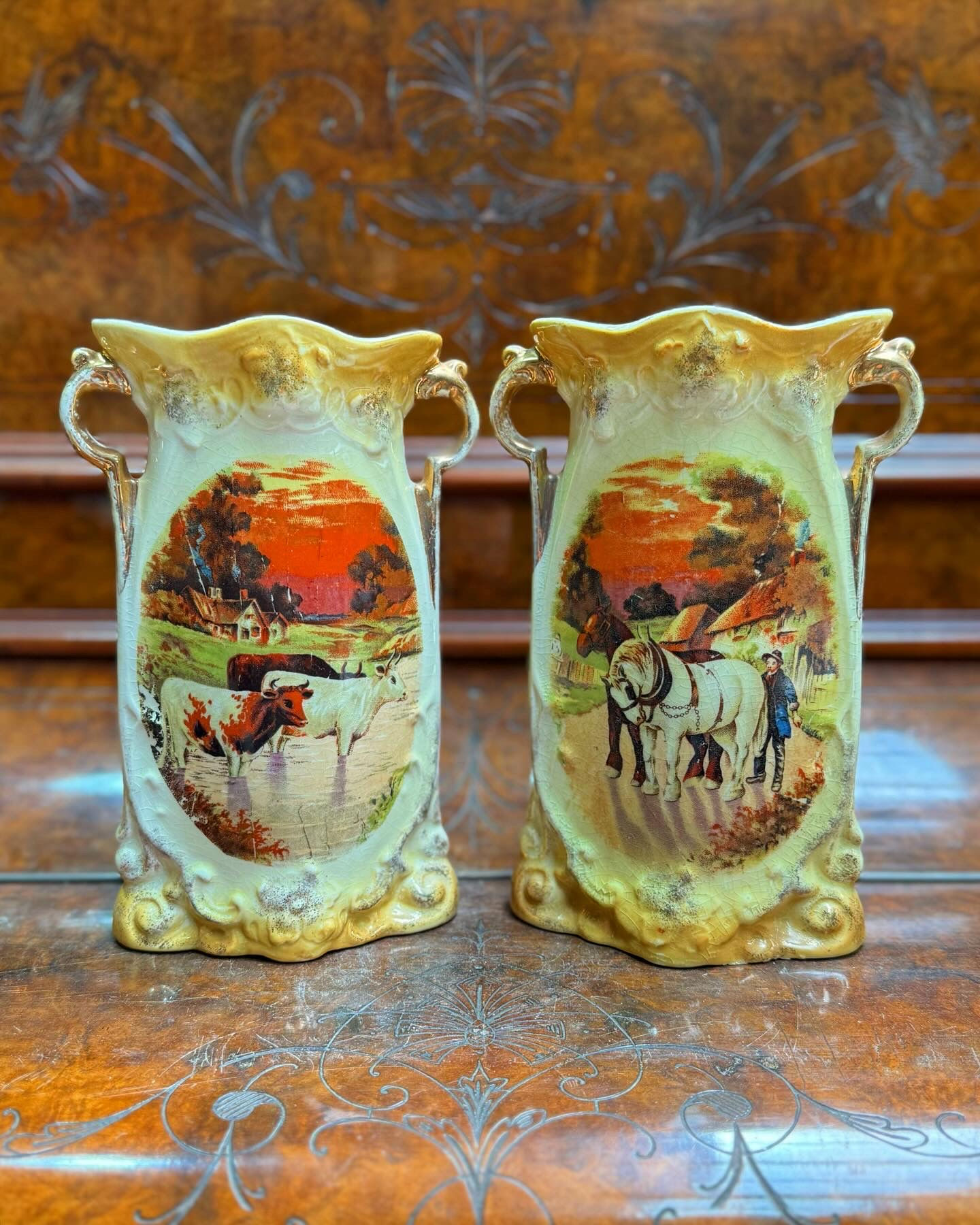 Pair of 1920’s Lancaster & Sons Hanley Porcelain Vase w/ Gold Decorations