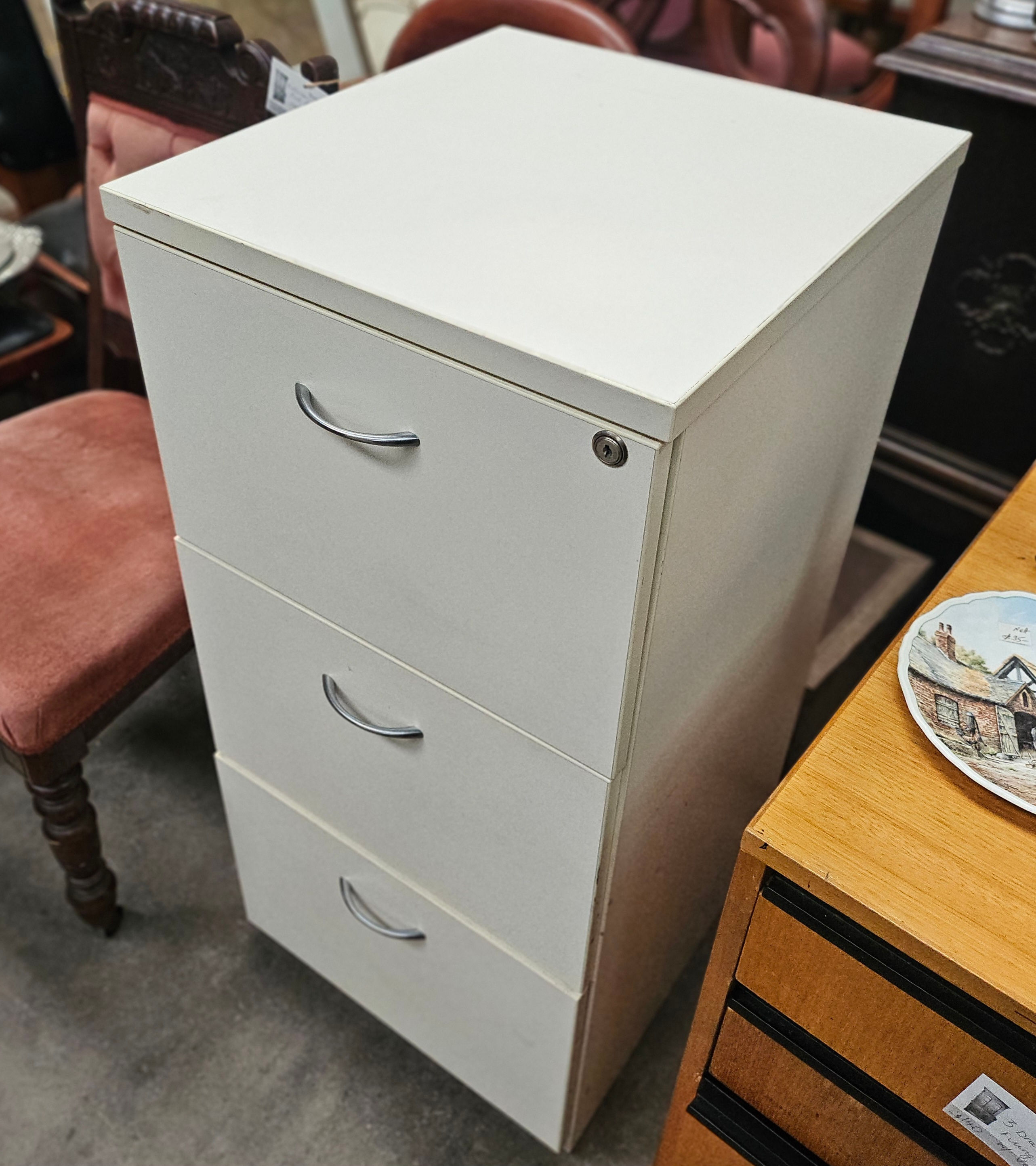 Filing Cabinet: White 3-Drawer Filing Cabinet With Lock
