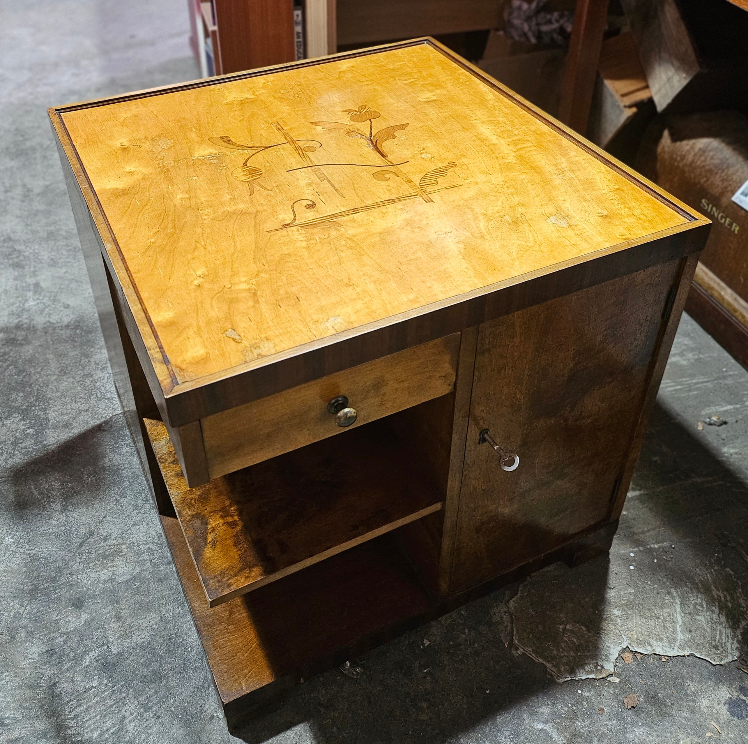 Smoking Table: Art Deco 1930s Birch And Walnut Veneer Smoking Table W/ Inlay -