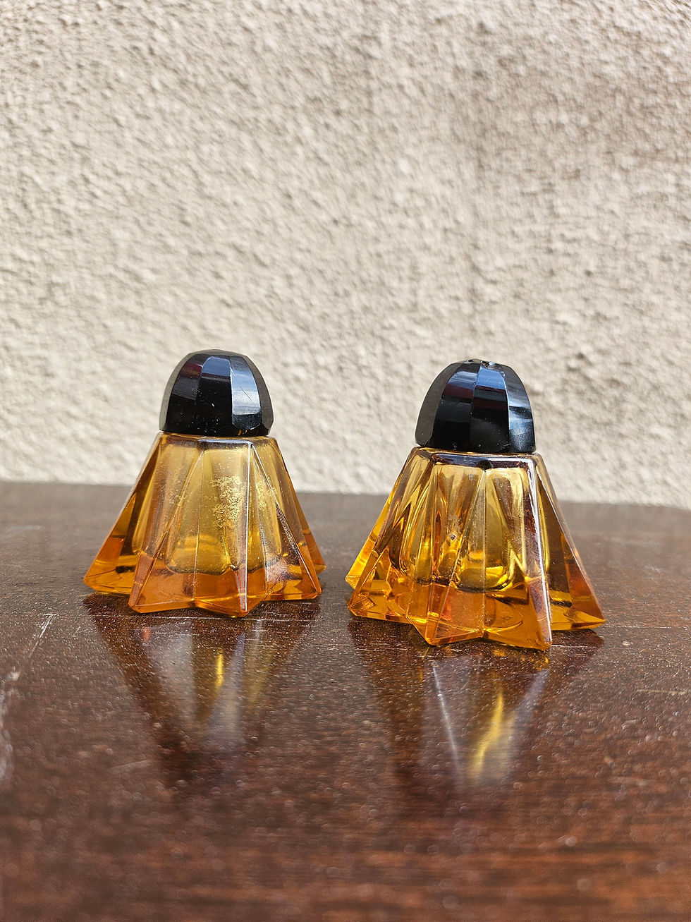 Thumbnail: Amber Glass Art Deco Salt And Pepper Shakers