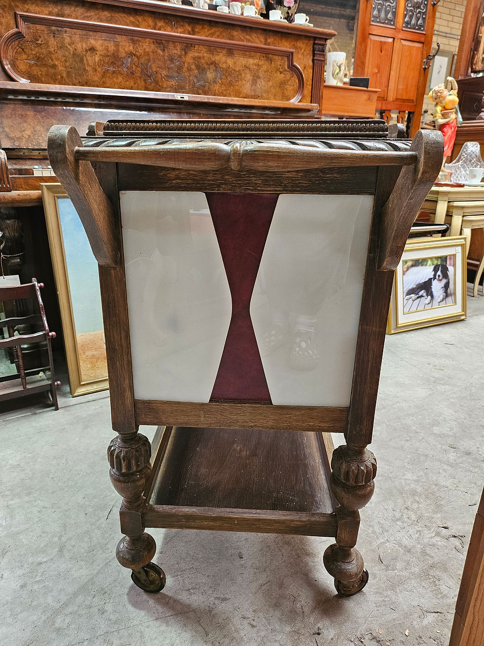 Thumbnail: Tudor Style English Oak Drinks Trolley W/ Leadlight Doors And Art Deco Addition