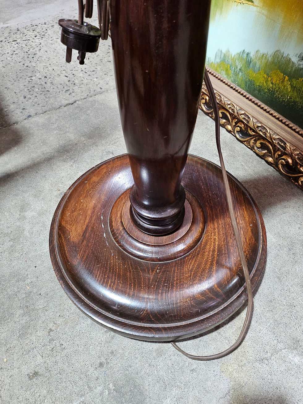 Thumbnail: Floor Lamp: Vintage Oak Base Floor Lamp W/ Gold Shade