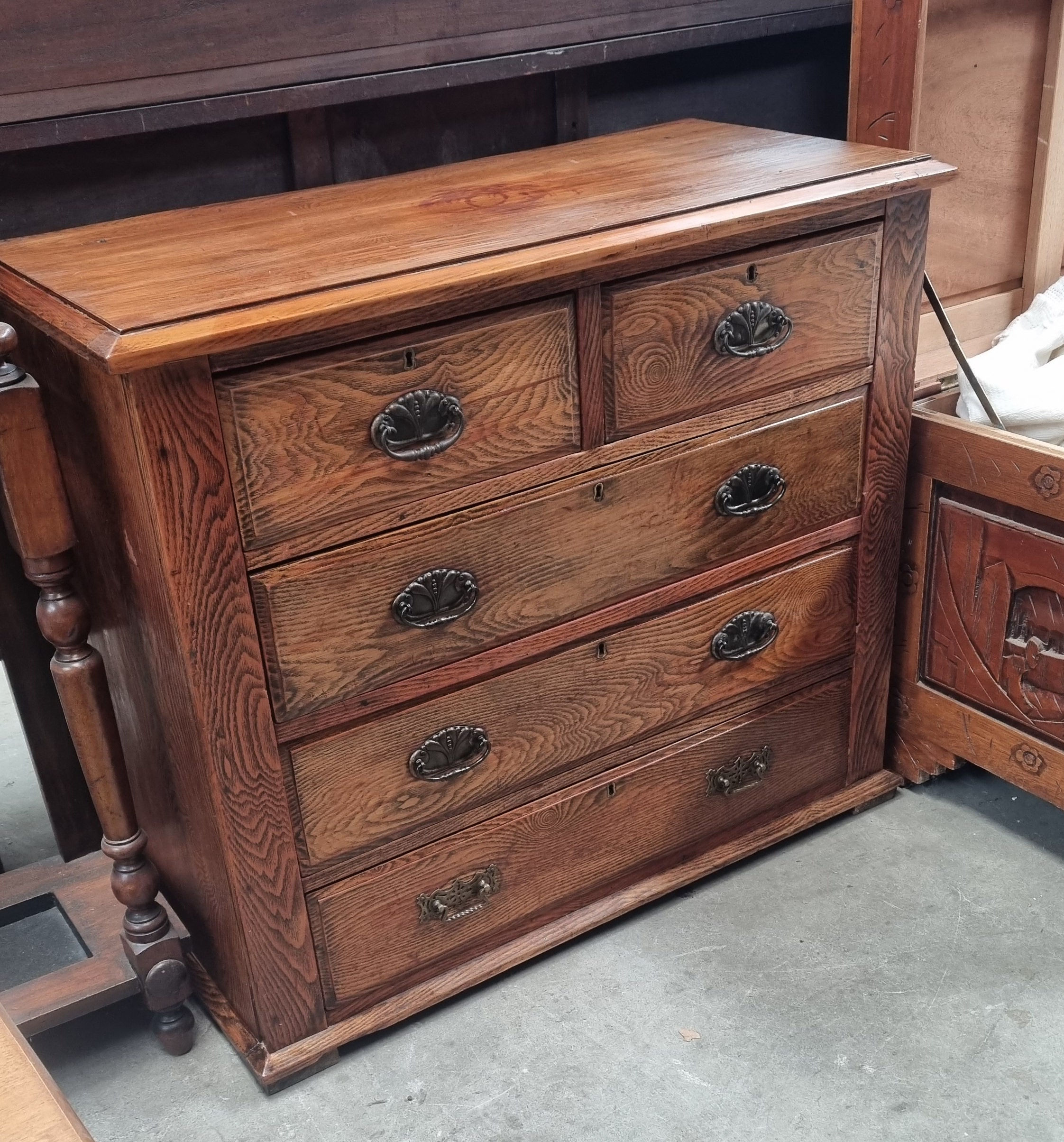 Drawers: Antique 5 Drawer English Oak Dresser W Brass Handles