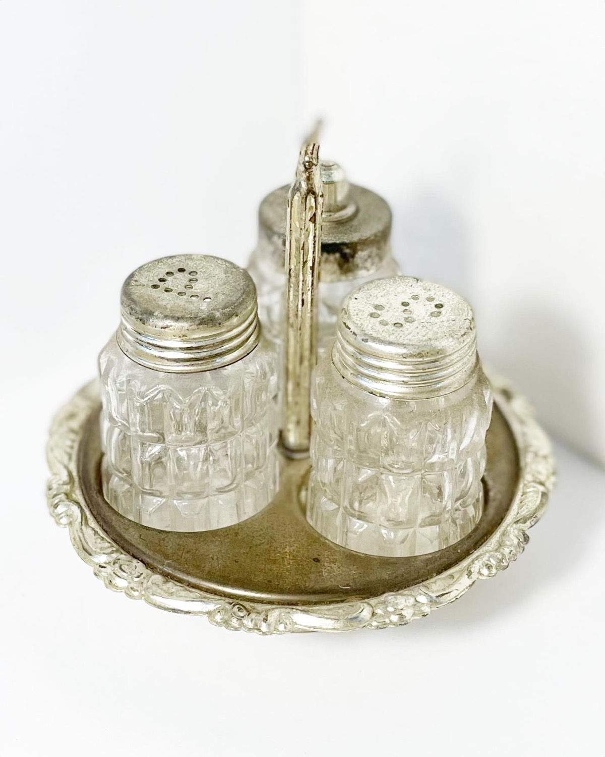 Elegant Vintage Glass & Metal 3-Piece Salt, Pepper & Sugar Cruet Set