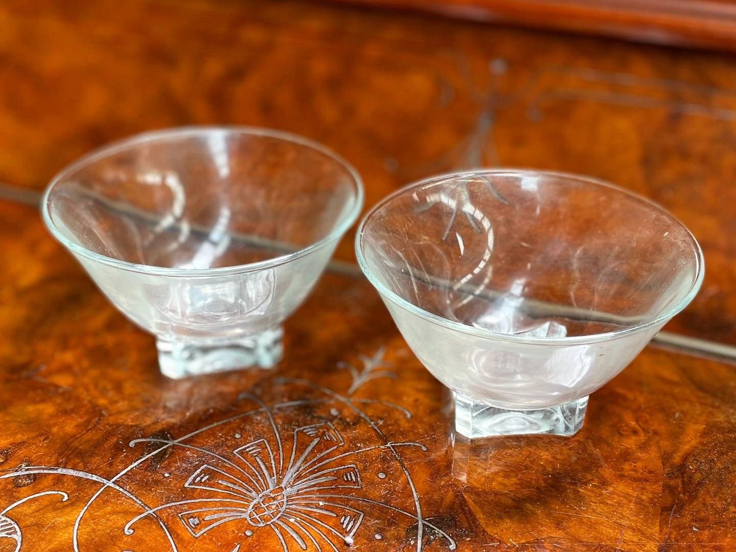 Art Deco Clear Glass Dessert/Ice Cream Bowl 2-Piece Set from C.1970s (France)
