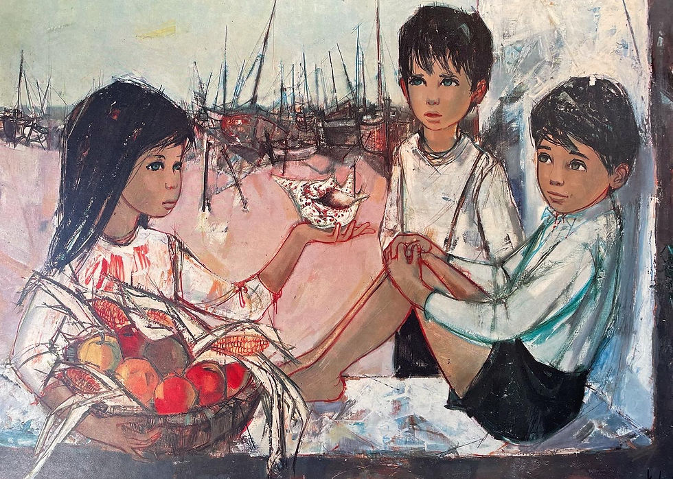Thumbnail: Beautiful Framed Painting of 3 Children Signed by Unknown Artist 