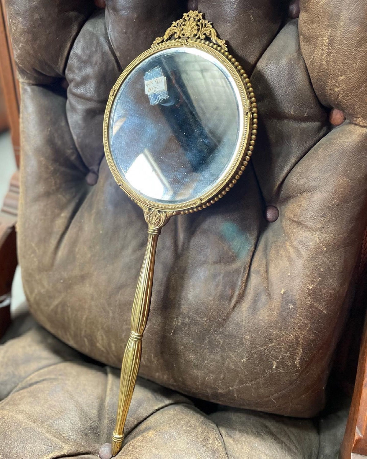 Elegant Antique Victorian Glass & Brass Handheld Cosmetic Mirror with Ornate Car