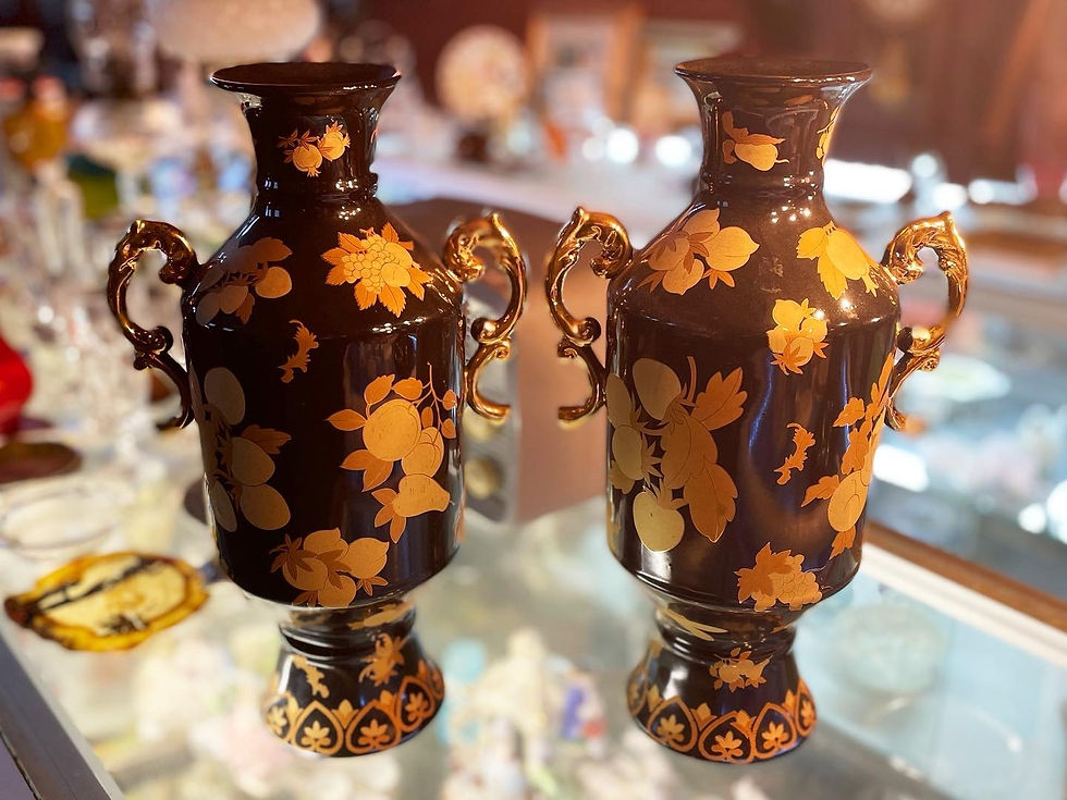 A Pair of 2 Vintage Glazed Glass Vases with Floral Ornaments