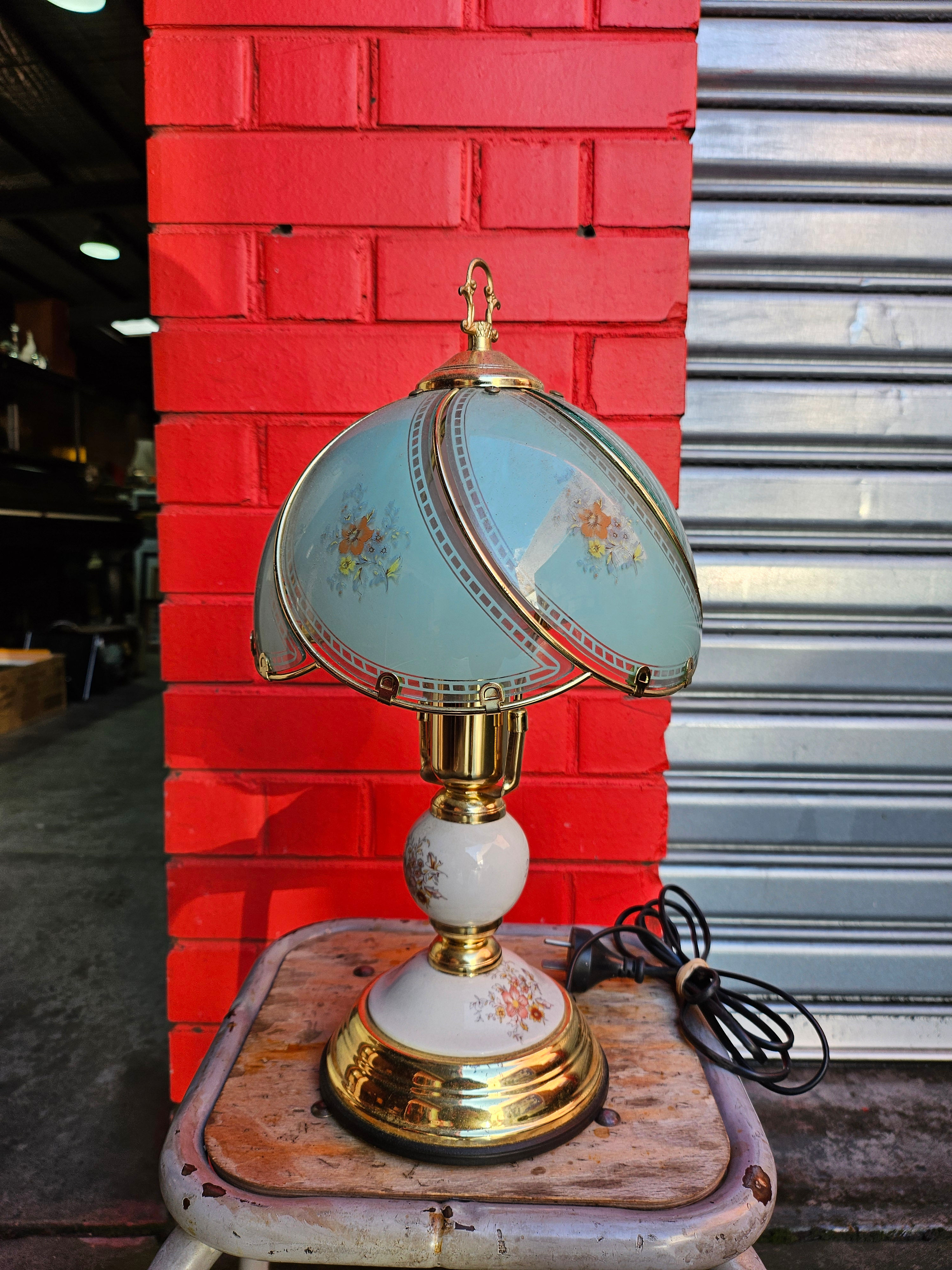 Antique Touch Table Lamp, Ceramic Base And Glass Shade