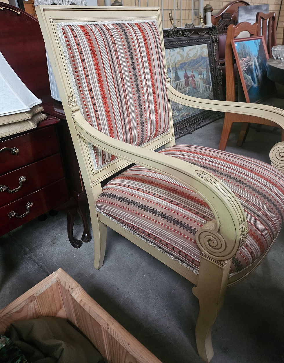 Thumbnail: Armchair Set: Louis XV Style Armchair W/ Striped Upholstery And Matching Table