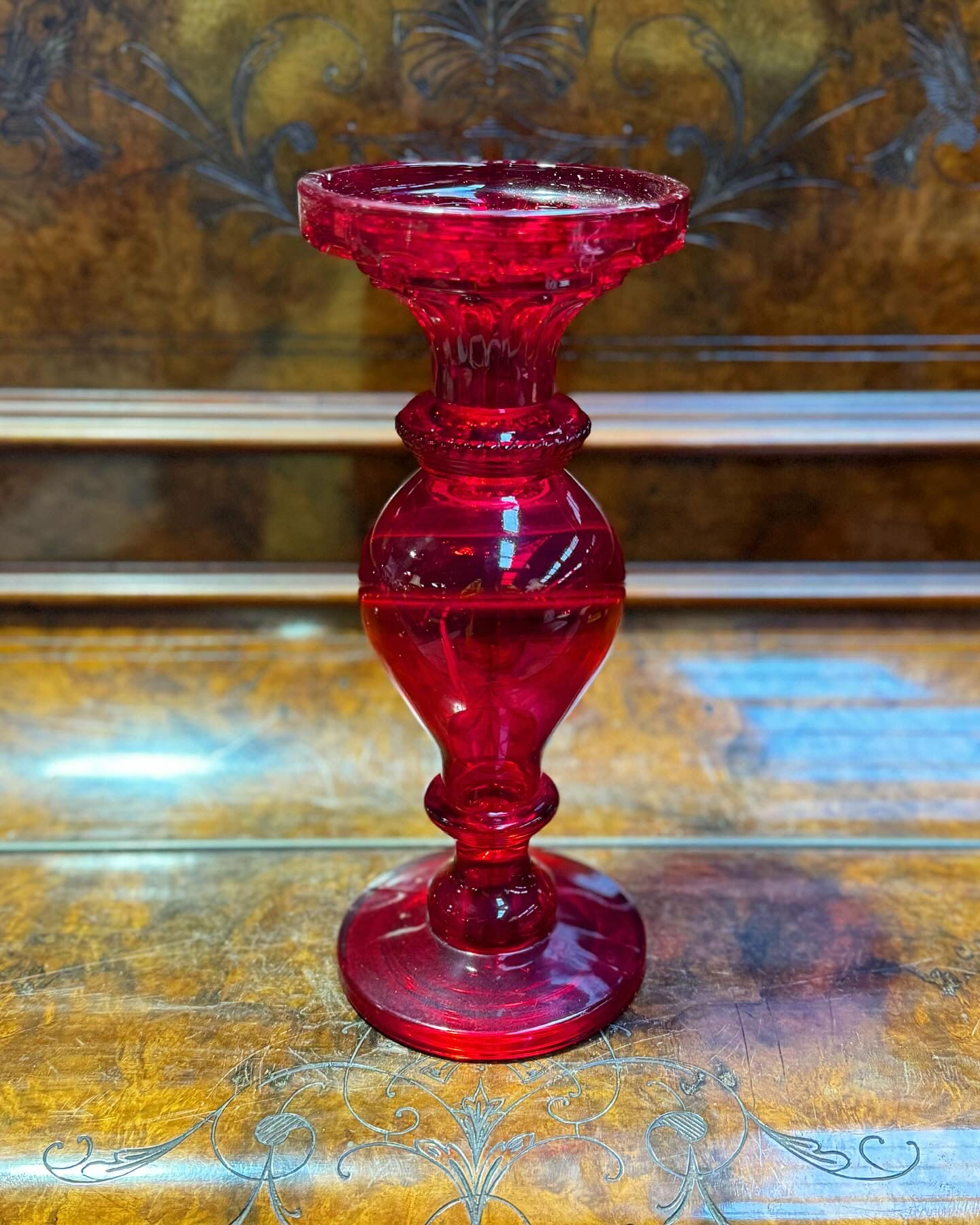Tall Vintage Decorative Red Glass Candle Holder