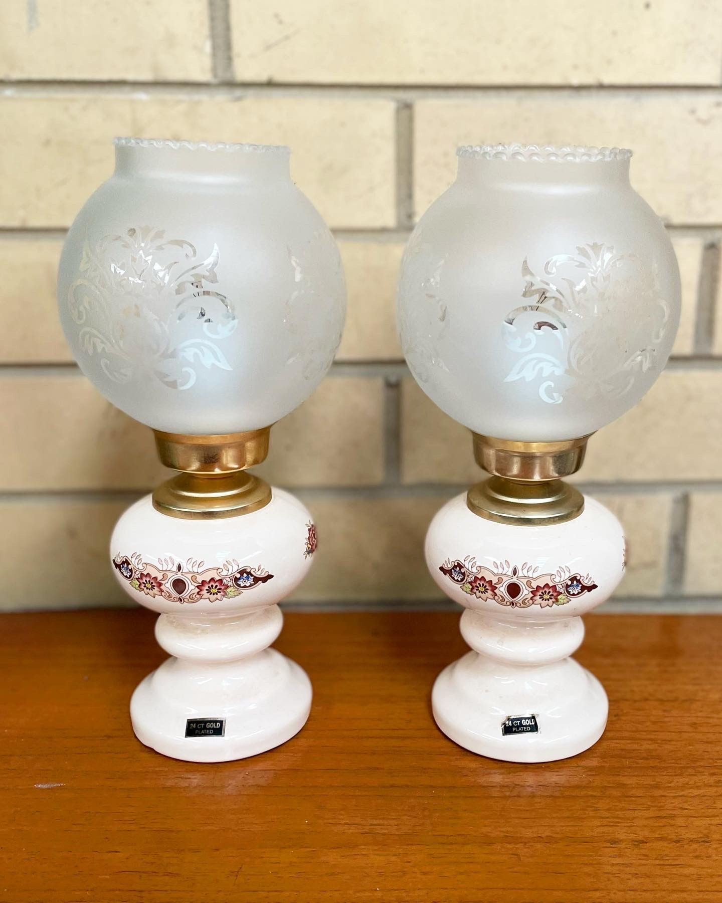 Retro Set of Two 24 CT Gold Plated Bedside Lamps with Etched Scalloped Shades