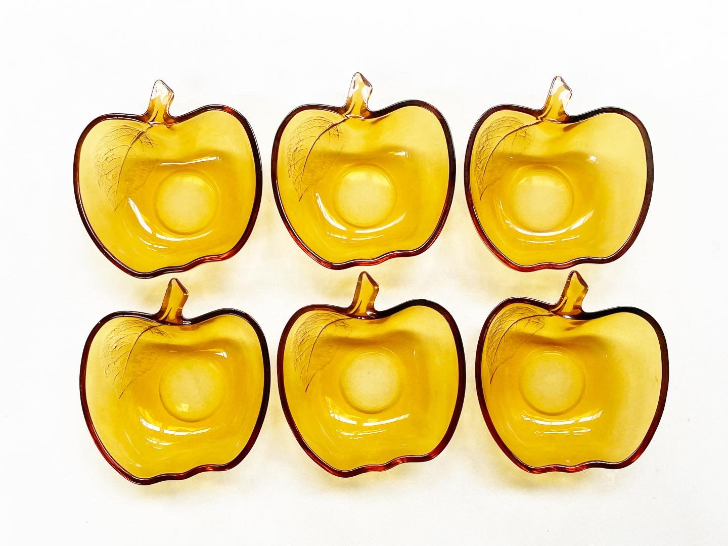 Collectible C.1970s Set of 6 Amber Glass Apple Shape Dessert Cups/Bowls