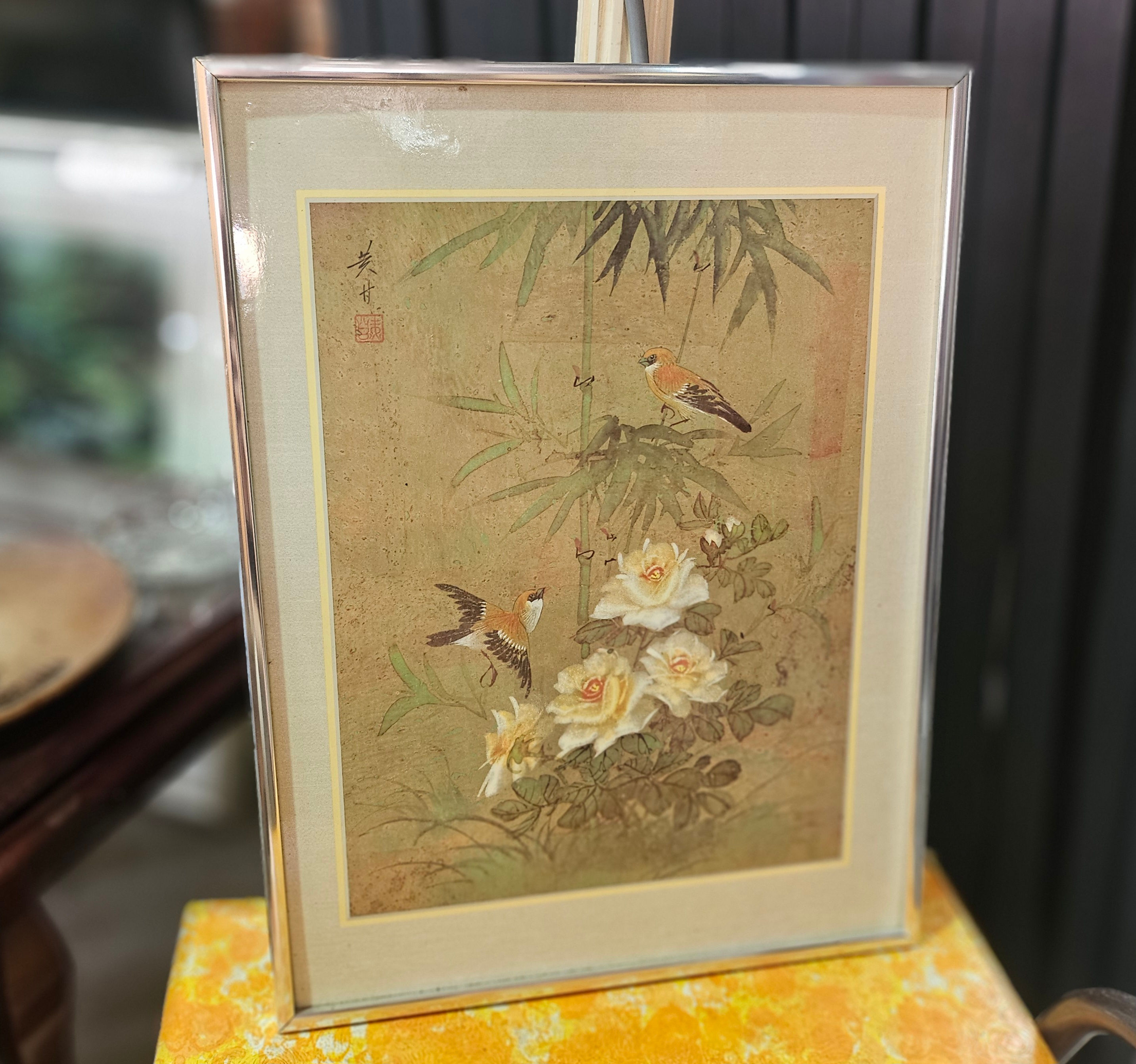 Framed Print: Vintage Chinese Print Featuring Birds & Flowers In Metallic Frame
