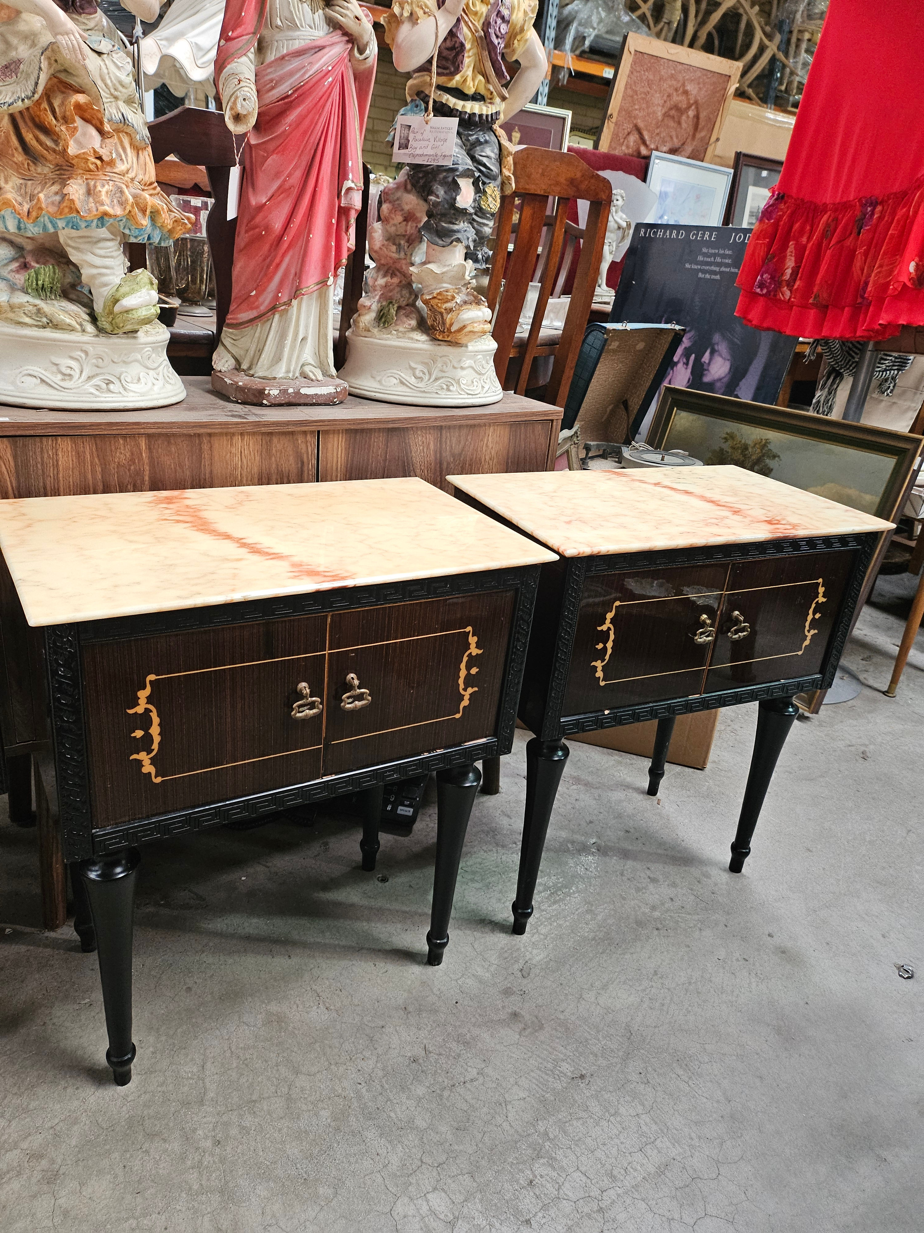 Pair of Italian Double Door Side Tables With Marble Top and Black Trimming