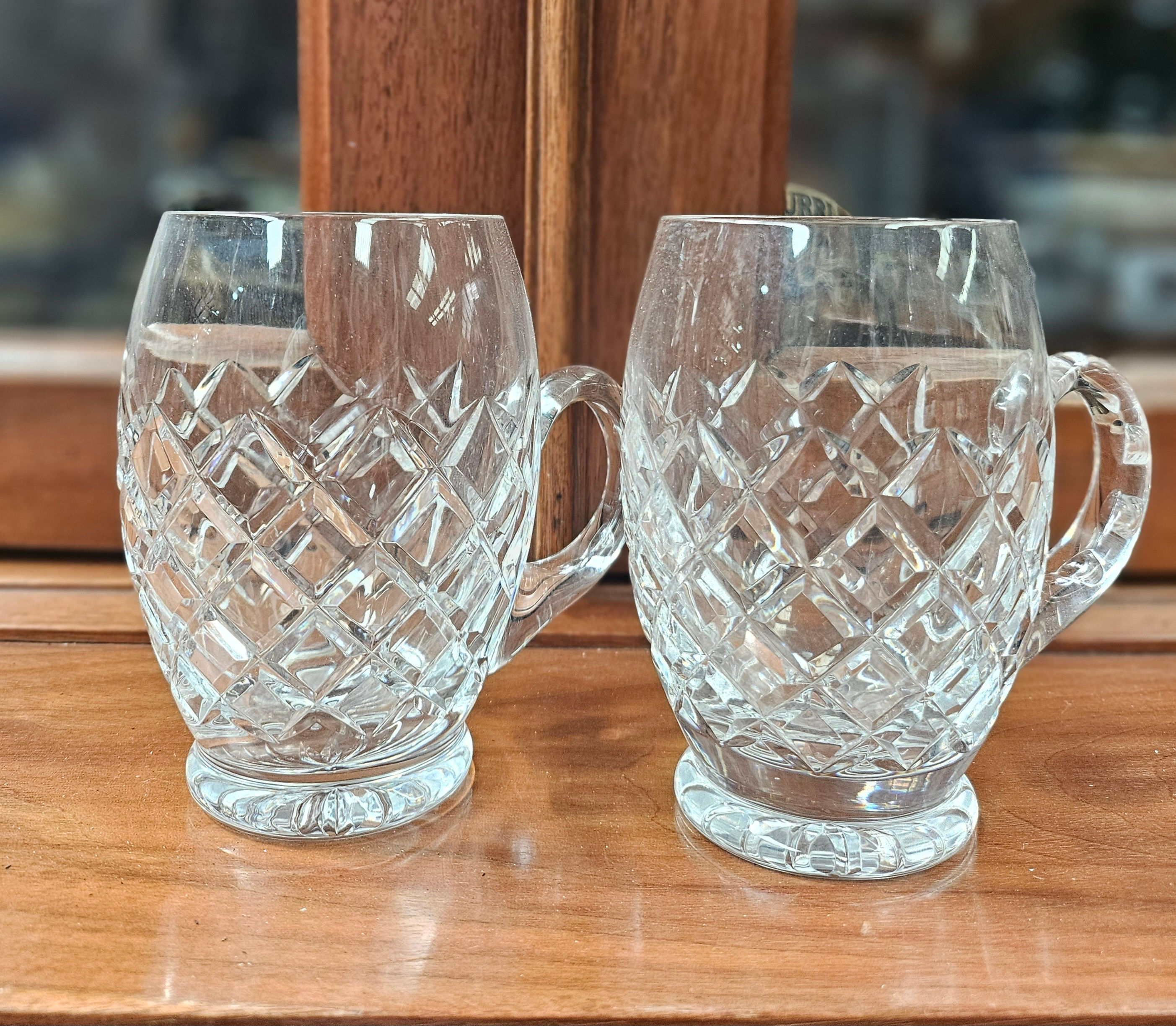 Pair Of Diamond Cut Crystal Glass Cups With Handle