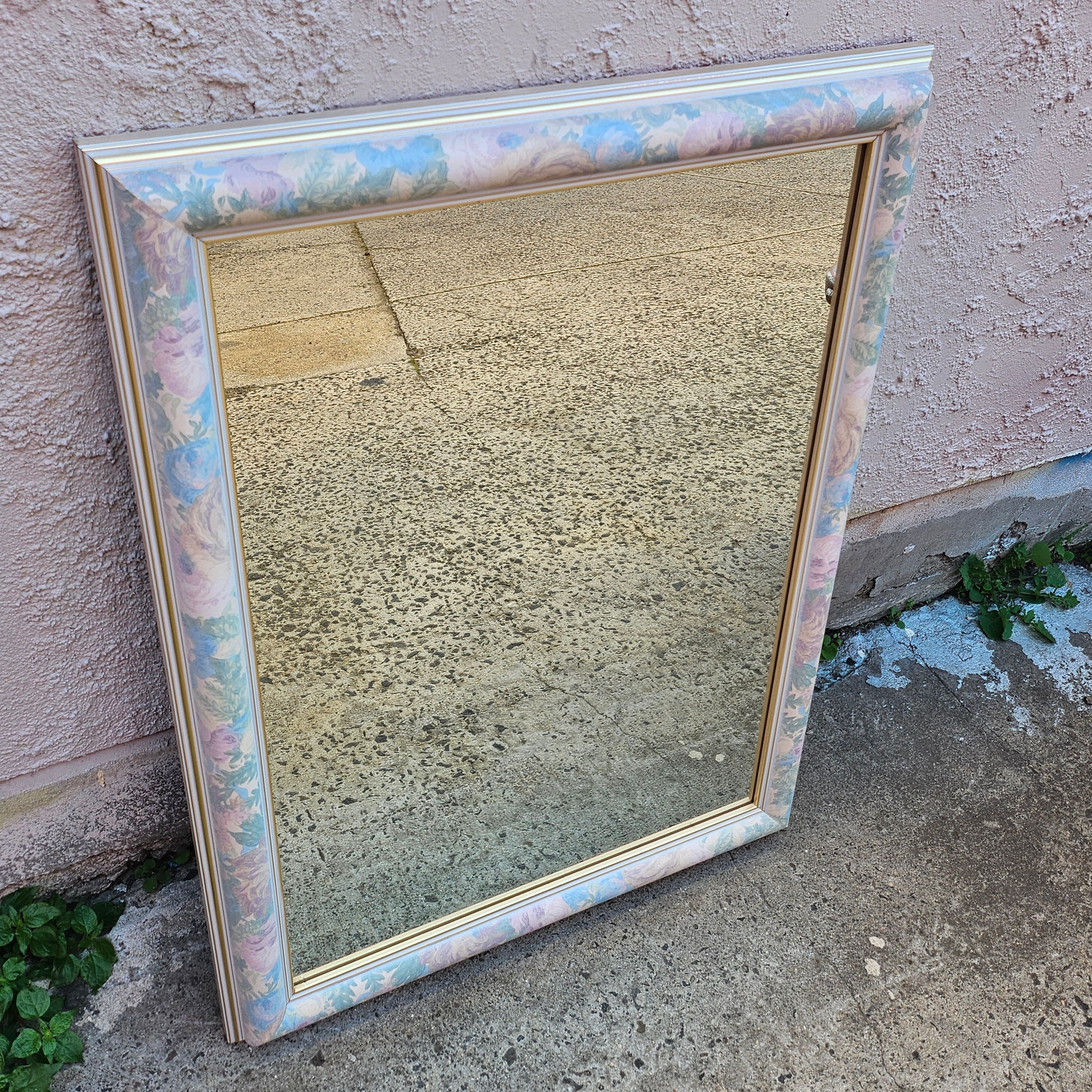 Mirror: Vintage Timber Framed Hand Painted & Gilded Floral Wall Mirror C. 1980s