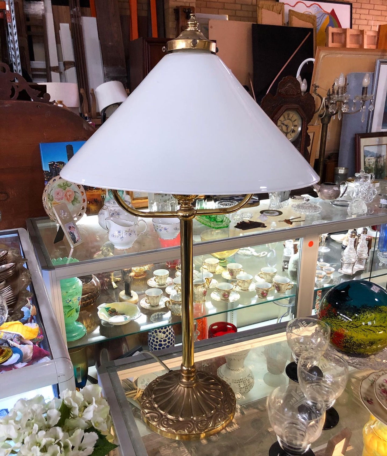 Antique White Glass Shade Table Lamp in a Good Condition