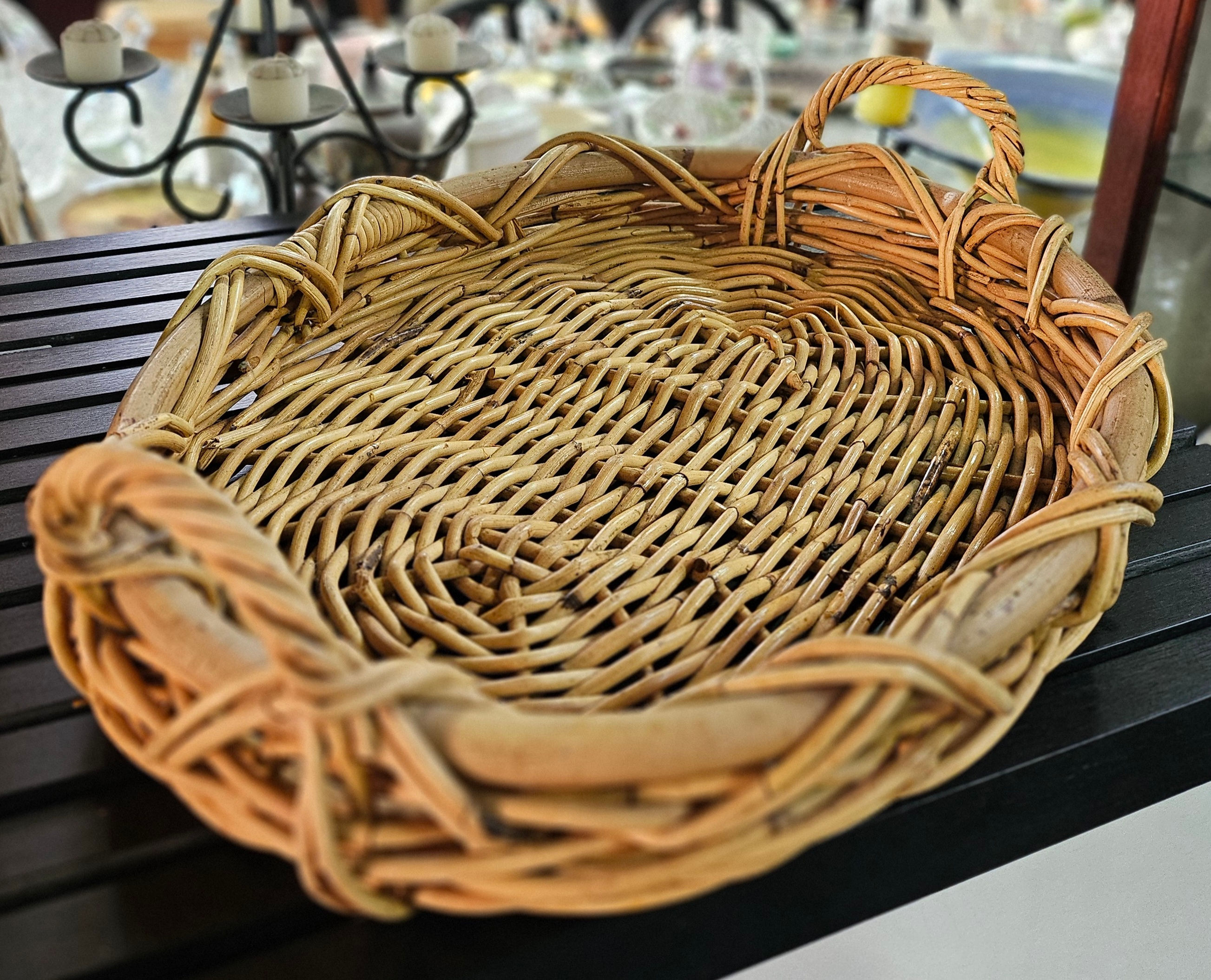 Basket: Large Shallow Woven Basket With Handles