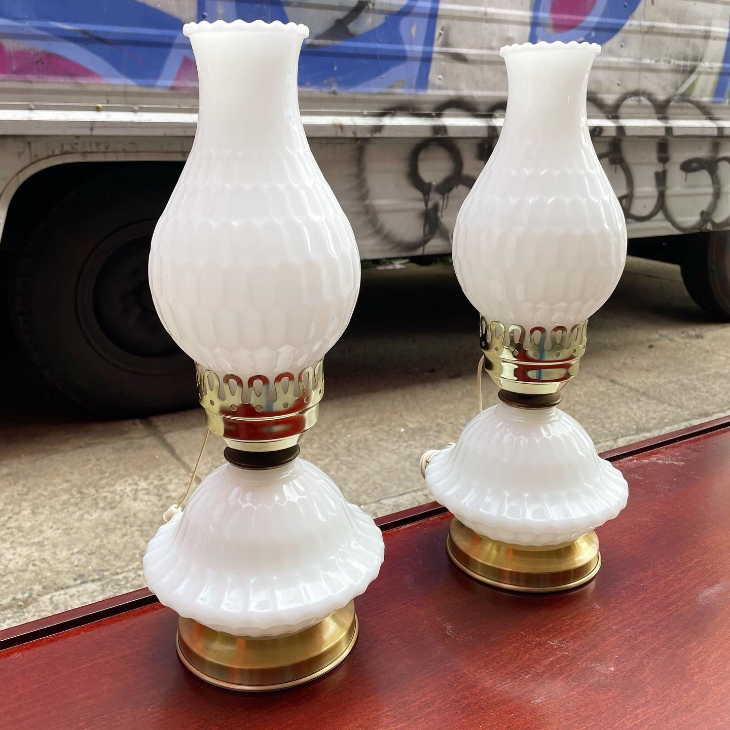 A Pair of Vintage Milk Glass Table Lamps with Hurricane Shade and Brass Frame