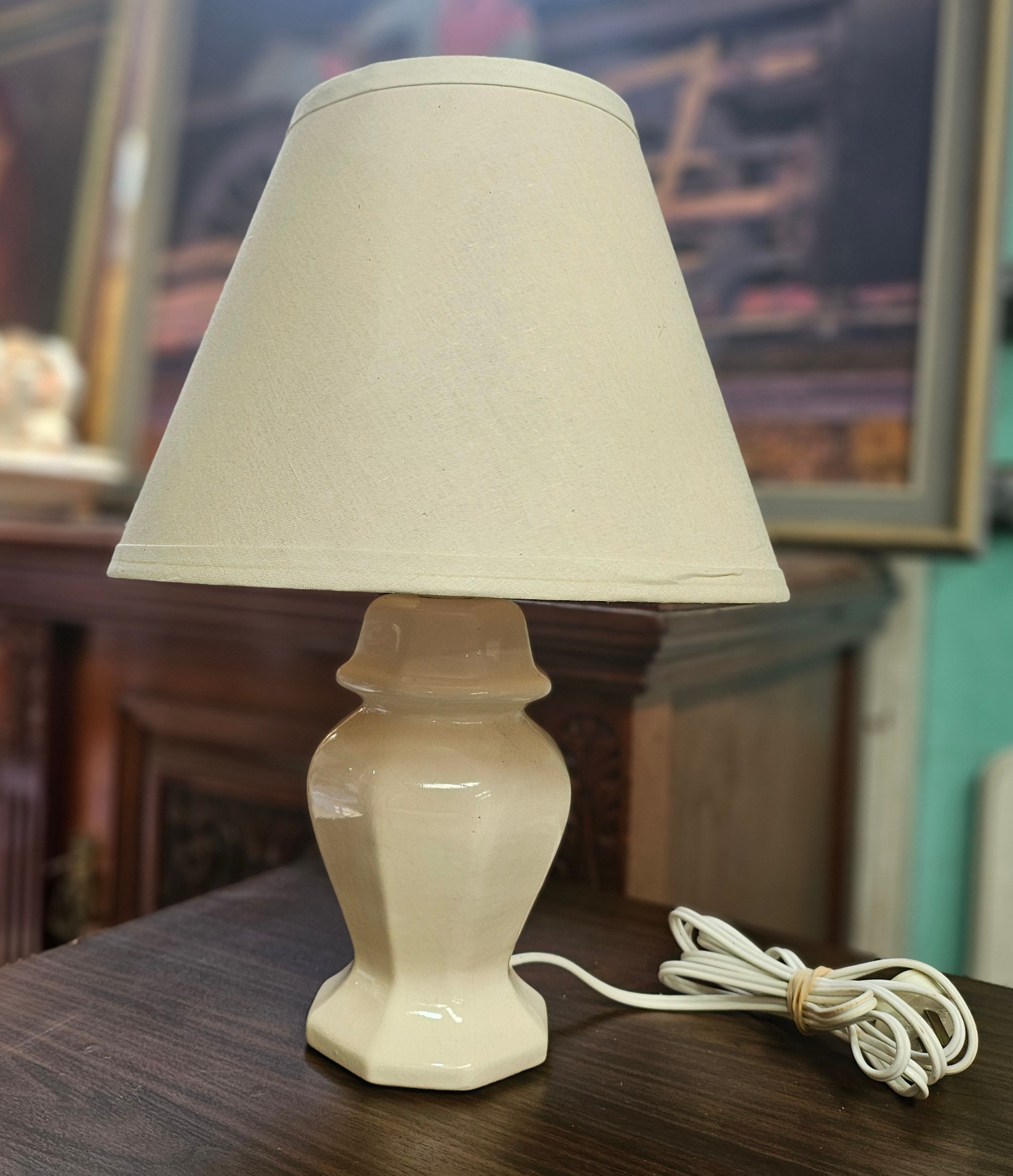 Table Lamp: Vintage 80s Dutch Ceramic Cream Table Lamp W/ Beige Shade In Good Wo