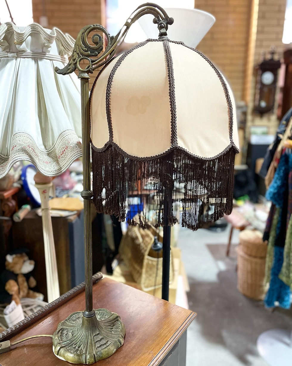 Thumbnail: Vintage Art Nouveau Style Brass Base & Fringe Tassel Shade Reading Lamp