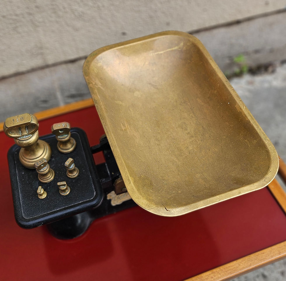 Thumbnail: Kitchen Scales: Vintage Weylux Cast Iron Kitchen Scales W/ 6 Brass Weights