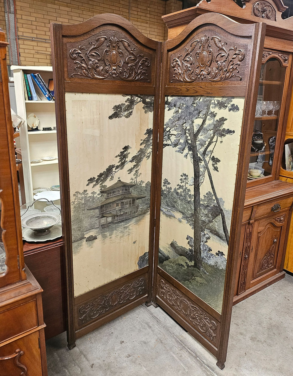 Divider: Art Nouveau Silk Embroidered & English OakTwo Panelled Screen Divider
