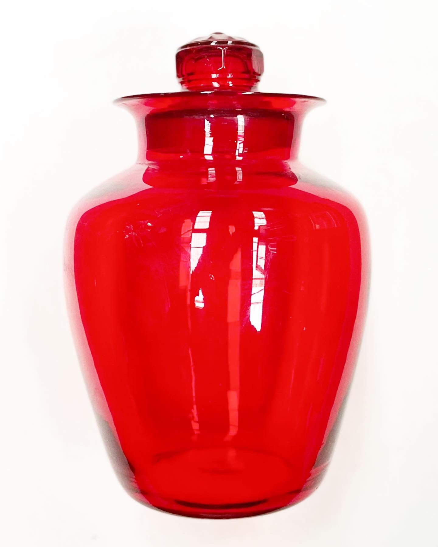 Vintage Elegant Large Red Glass Lidded Candy Jar from C.1970s