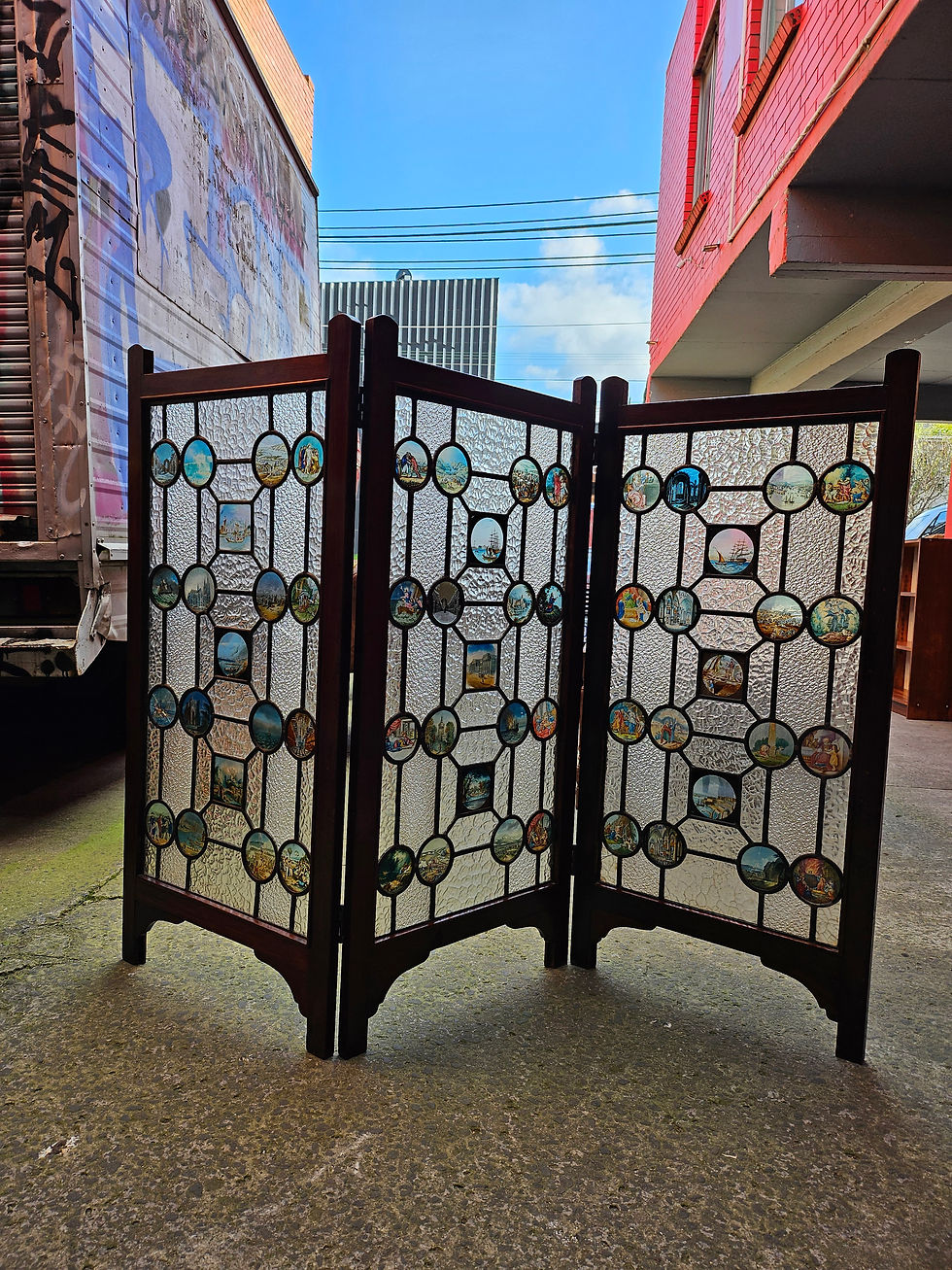 Thumbnail: One-Of-A-Kind 3 Panel Leadlight Folding Screen w/ 57 Religious Images