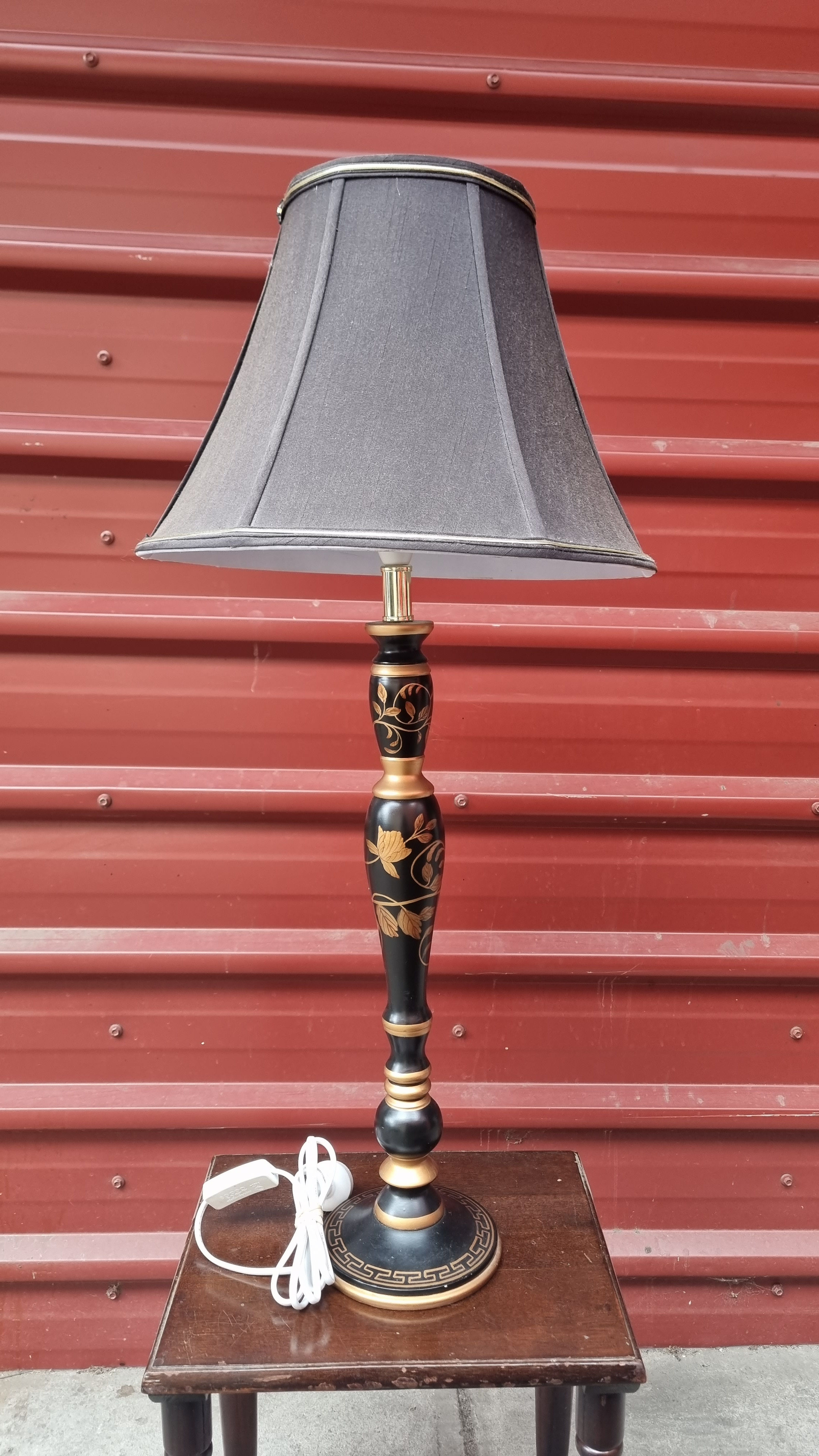 Table Lamp: Vintage Black W/ Gold Floral Gilding Lamp And Dark Grey Shade