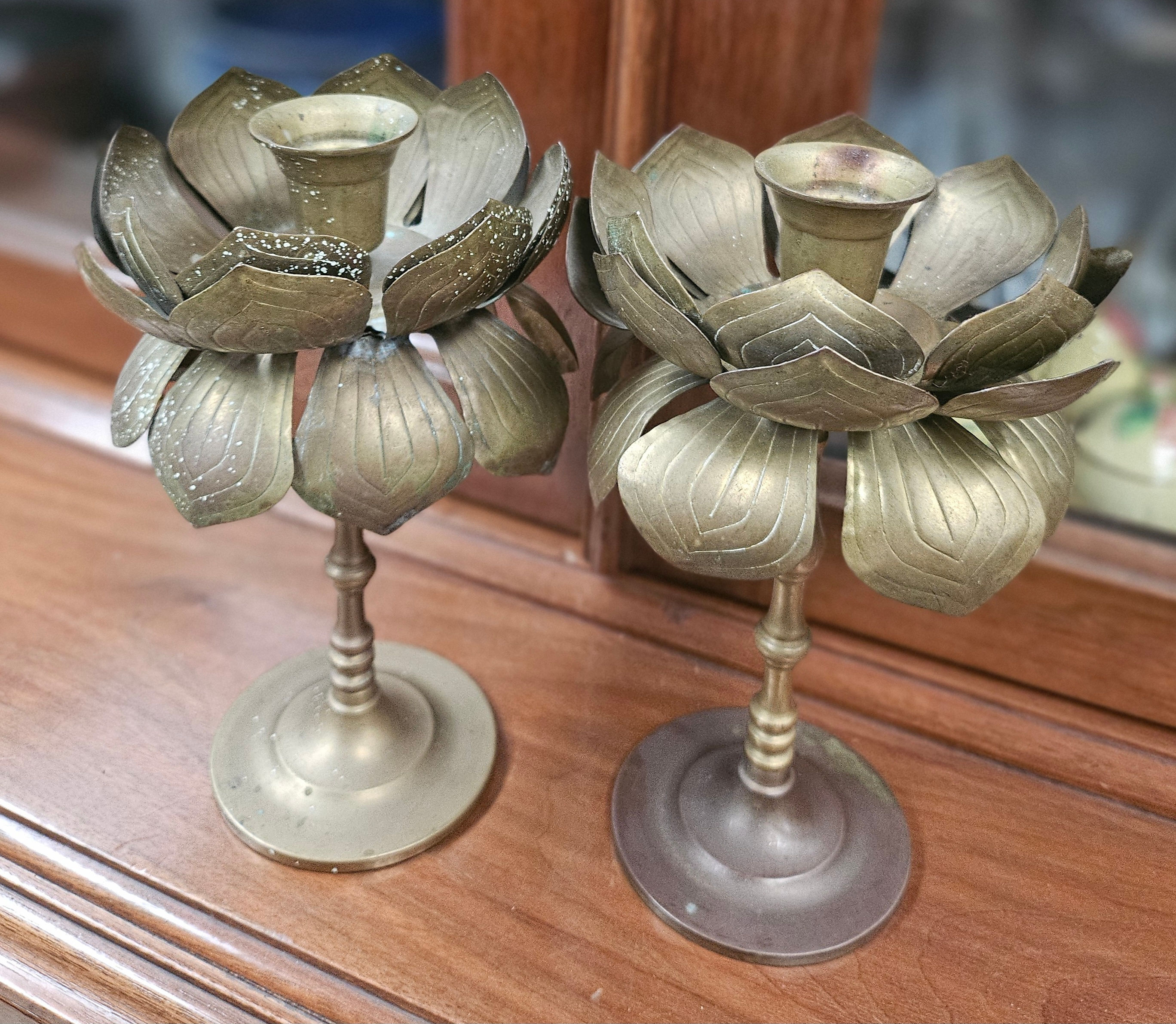 Candle Holders: Pair of Brass Chinese Lotus Candle Holders