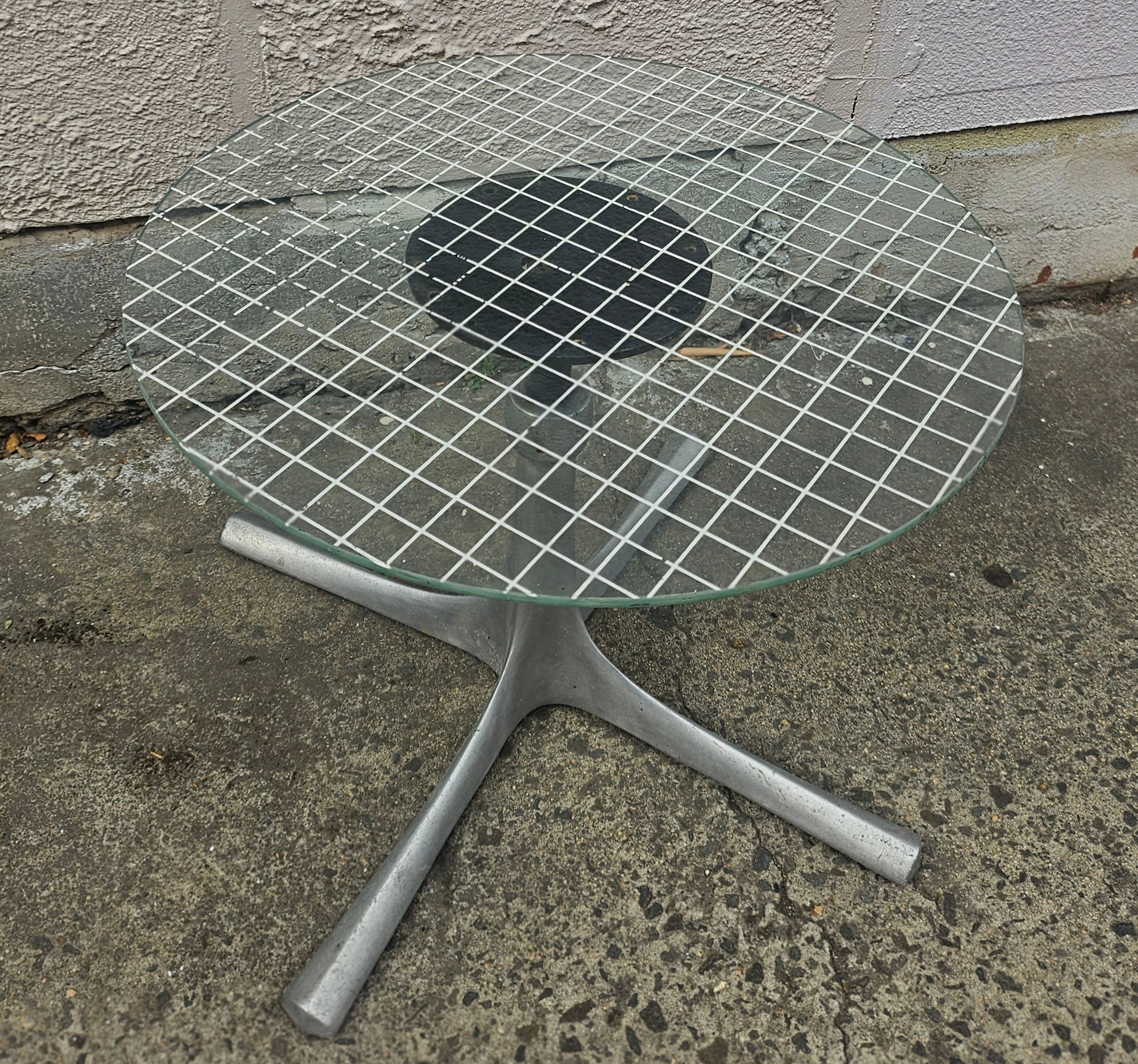Side Table: Vintage Side Table W/ Cast Metal Four-Star Base & Glass Top