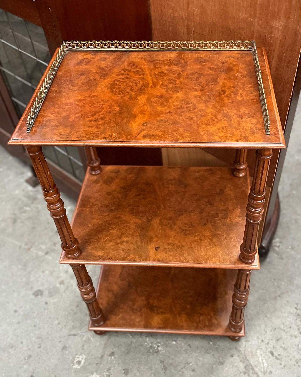 Spectacular Victorian Antique 3-Tier Burr Walnut Whatnot on Castors