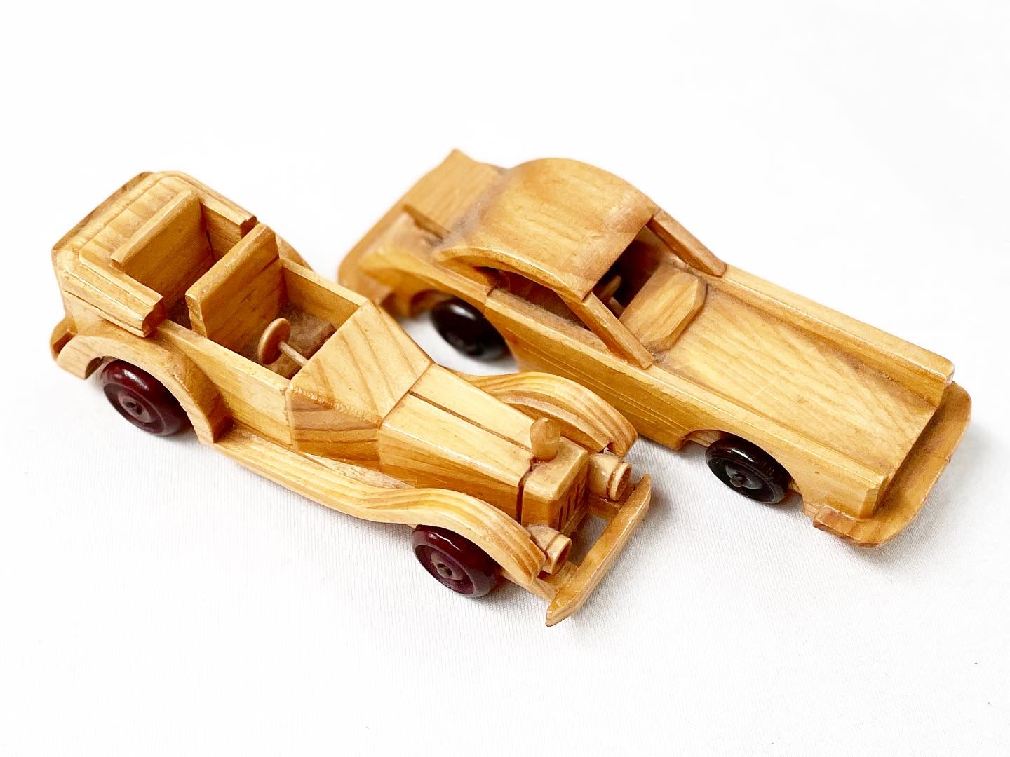 Vintage Set of Two Collectible Handmade Wooden Toy Car Models