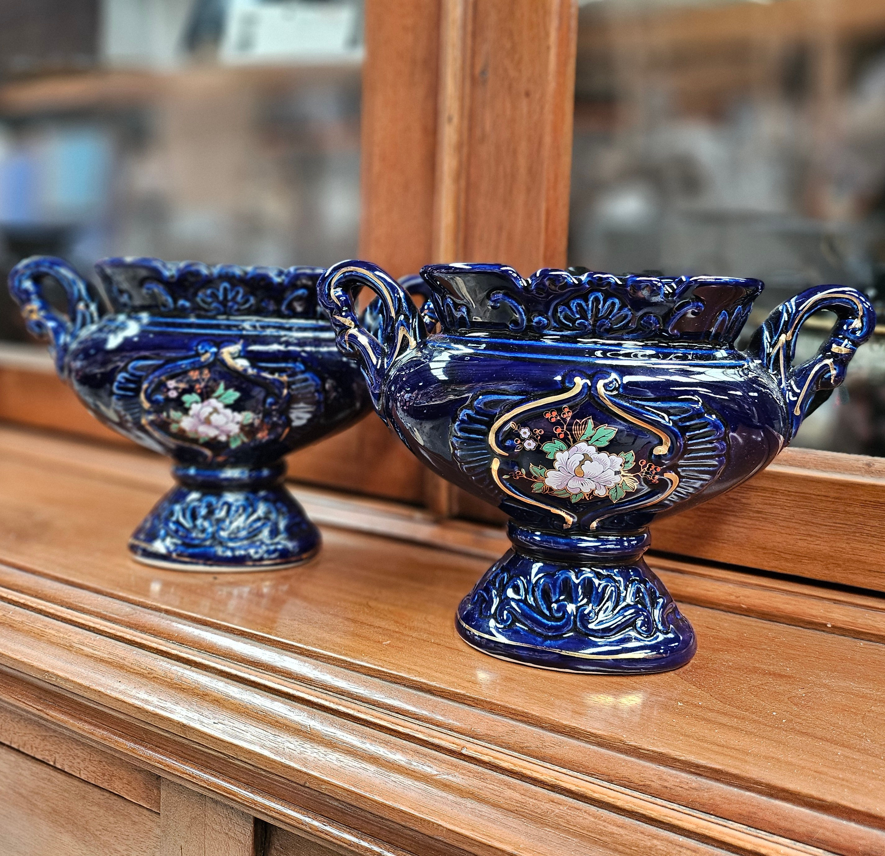 Pair Of Vases: Pair Of Vintage Cobalt Blue Gilded Vases W/ Handles