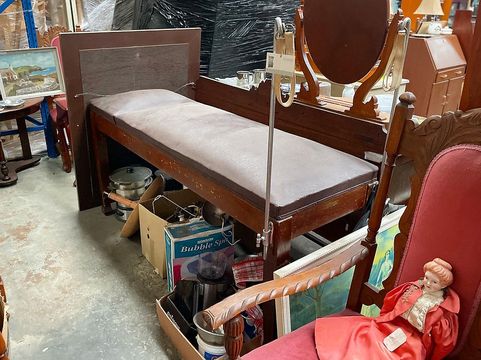 Antique Tudor Style Oak Frame & Leather Upholstery Delivery/Treatment Bed