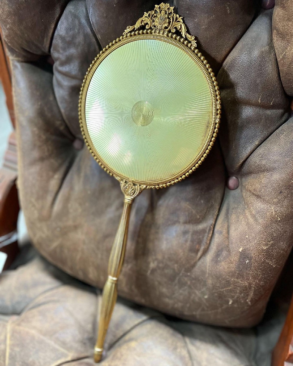 Thumbnail: Elegant Antique Victorian Glass & Brass Handheld Cosmetic Mirror with Ornate Car