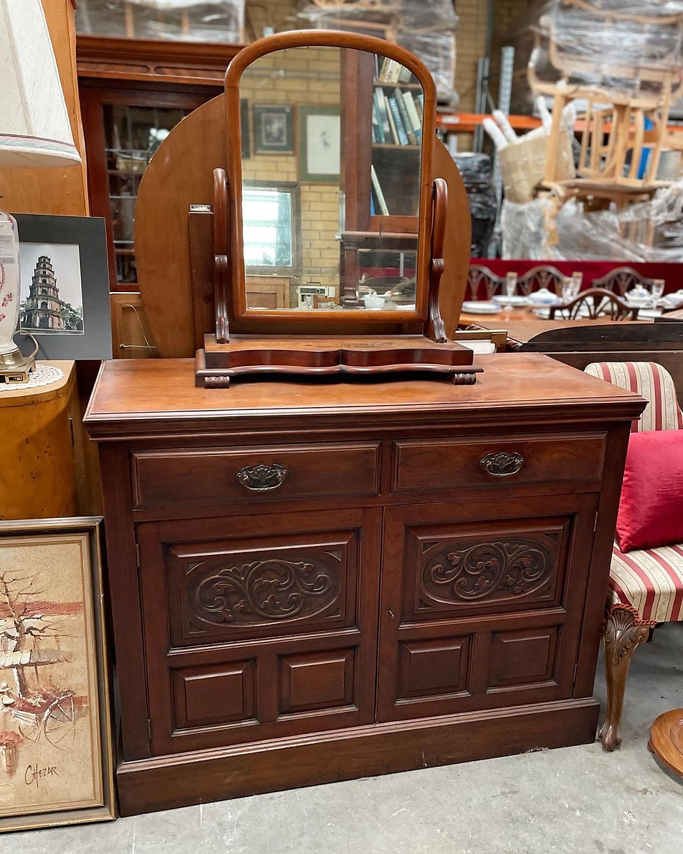 Thumbnail: Beautiful Hand-Carved Antique Victorian Walnut Cabinet with 2 Doors & 2 Drawers