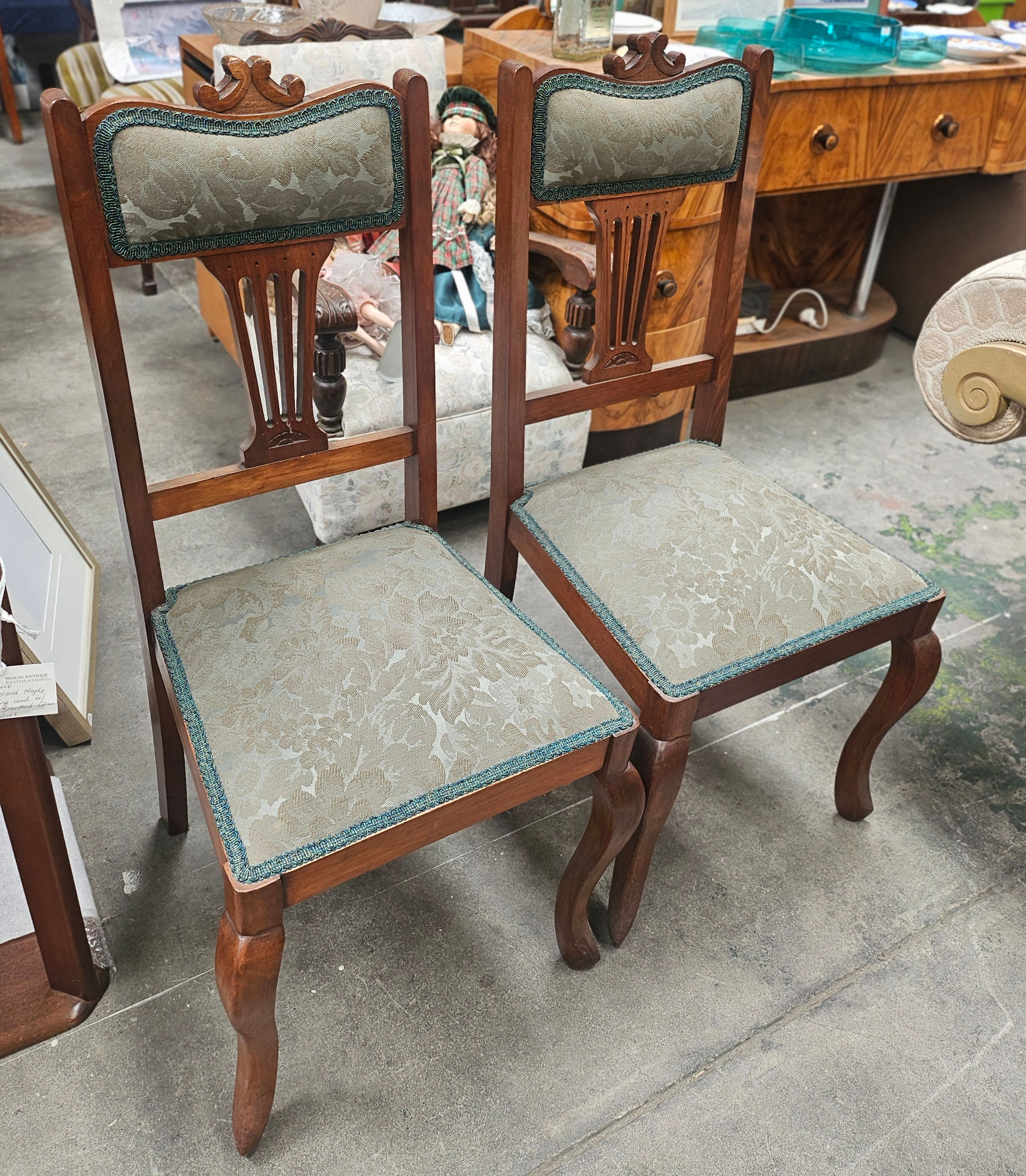 Chairs: Pair Of Matching Antique Blackwood Chairs W/ Green Floral Upholstery