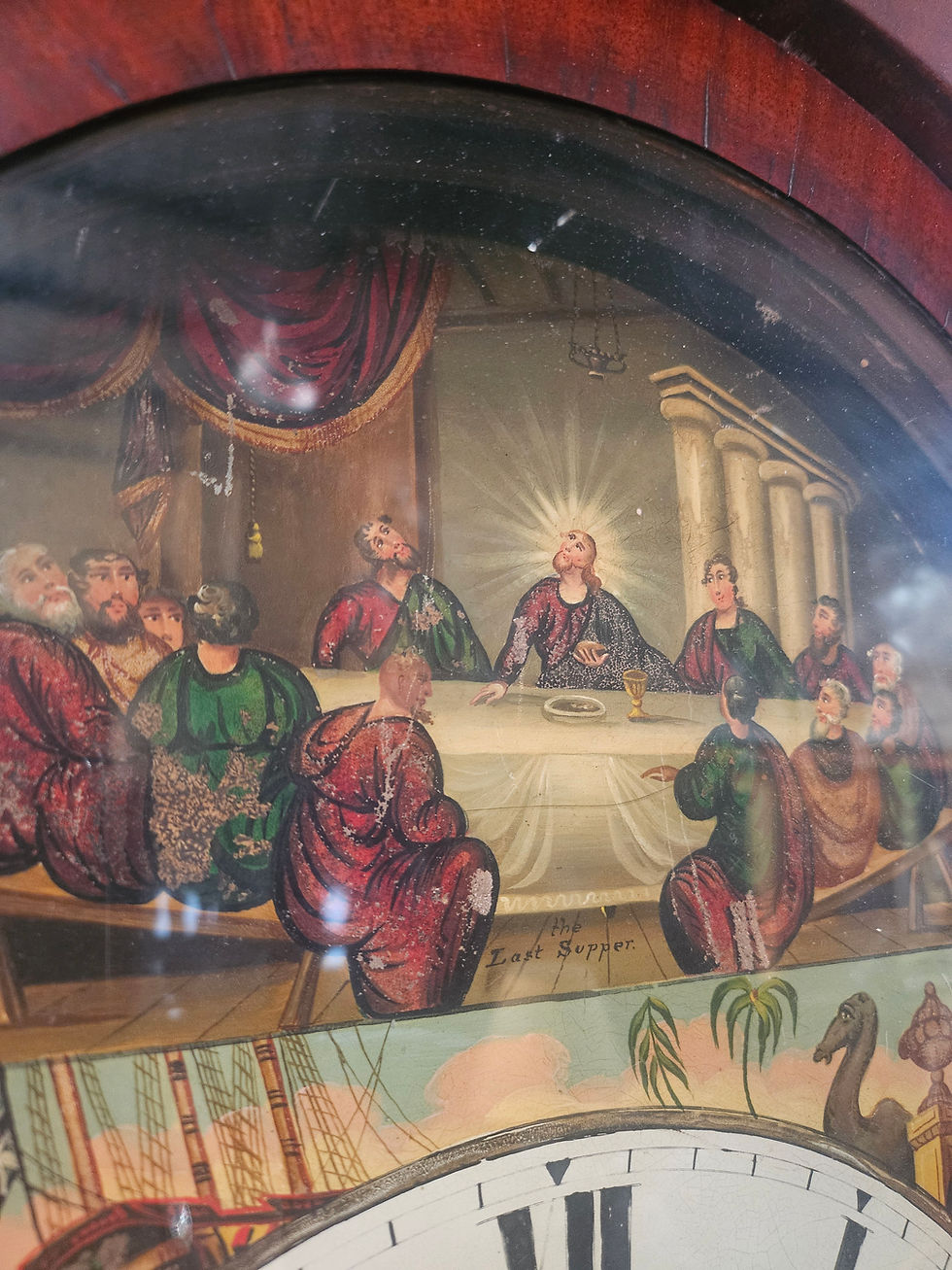 Thumbnail: Grandfather Clock: English Long Case Mahogany C. 1850s Painted Dial Last Supper
