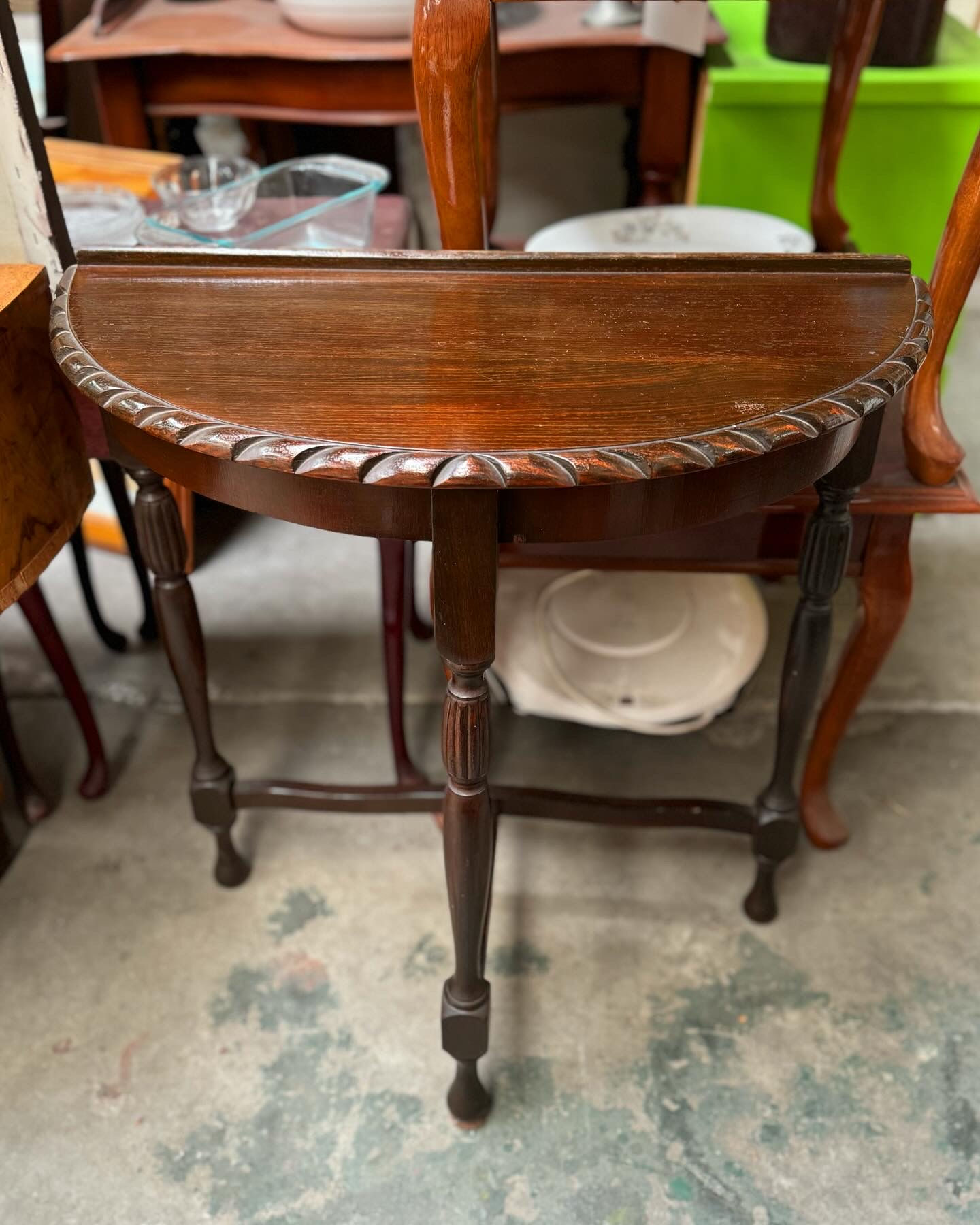 Antique 1950’s Tudor Style English Oak Half-Moon/Demilune Hall Table