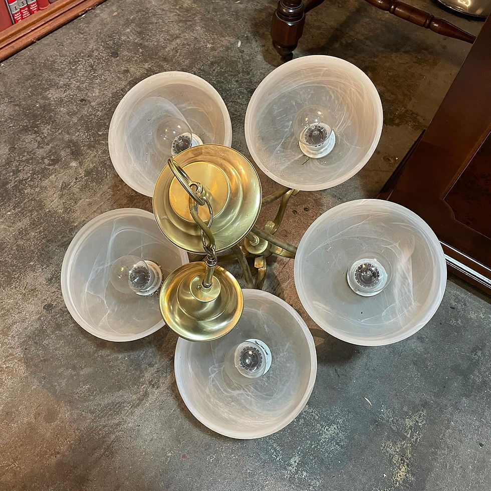 Thumbnail: A Pair of Vintage 5 Light Brass Chandeliers with Lovely Glass Shades