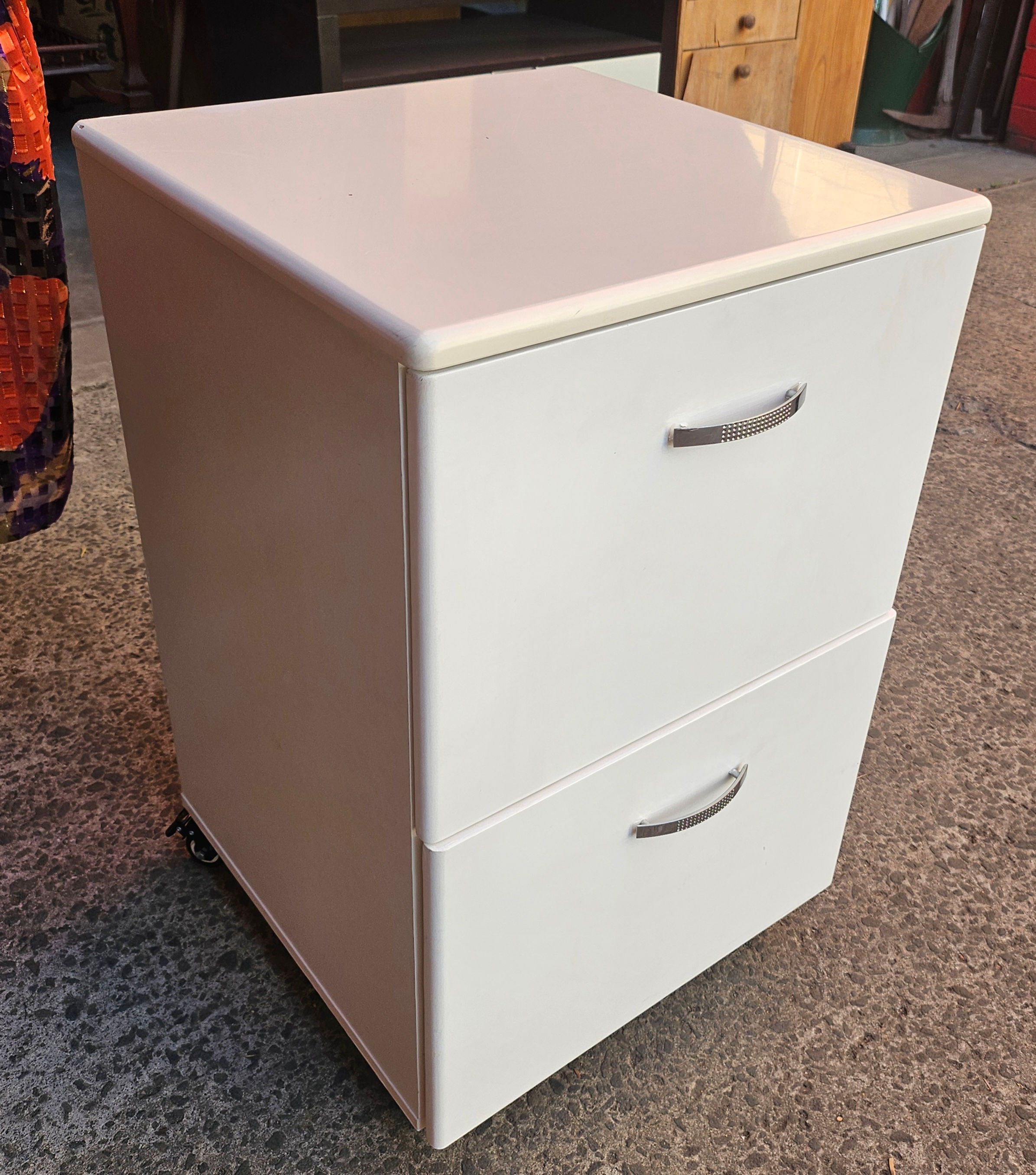 Filing Cabinet: White Two Drawer Cabinet W/ Chrome Handles