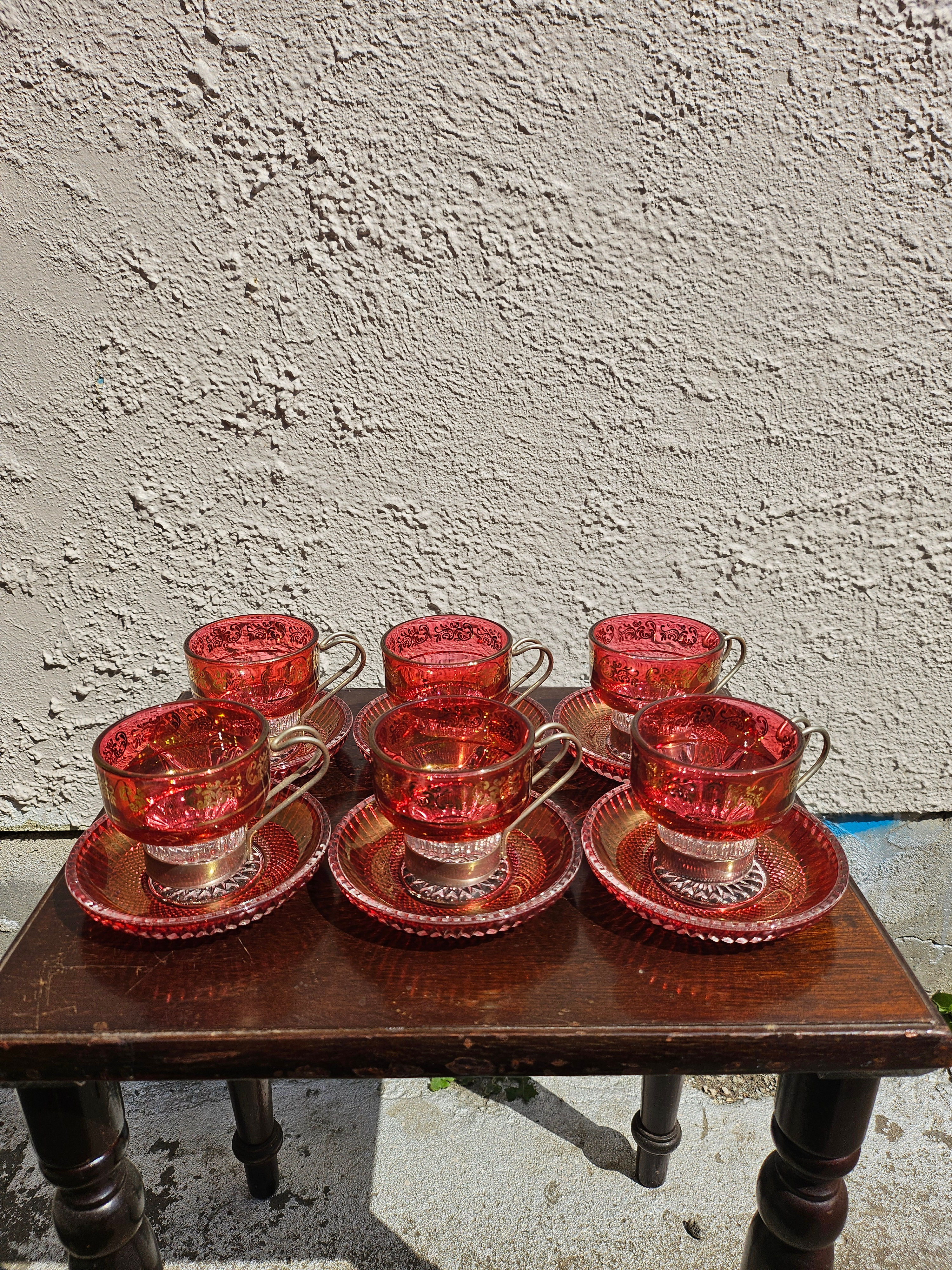 Set of 6 Italian Red Espresso Cups and Saucers W/ Gilding, Vintage