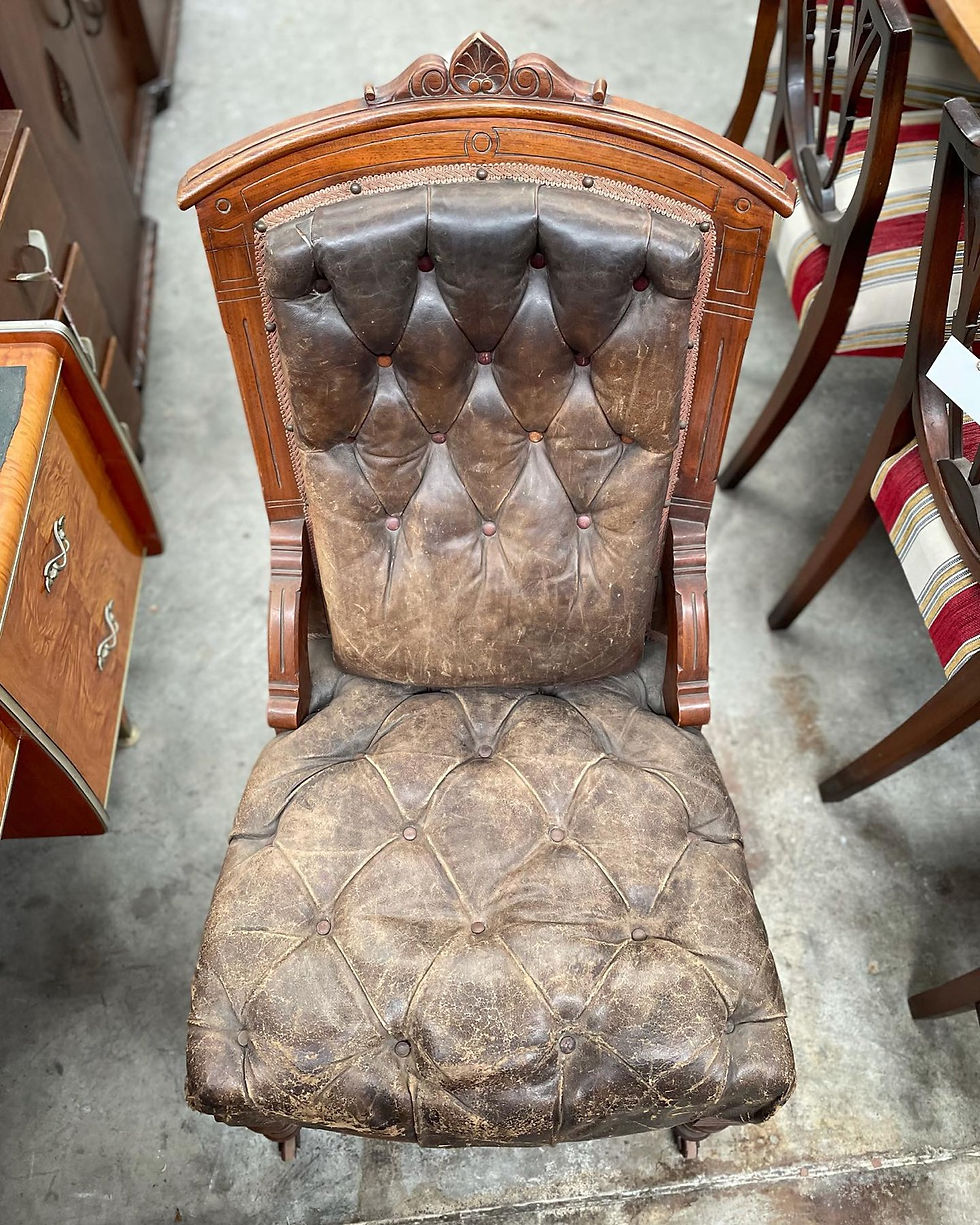 Thumbnail: Antique Victorian Grandfather Chair with Original Upholstery & Porcelain Castors