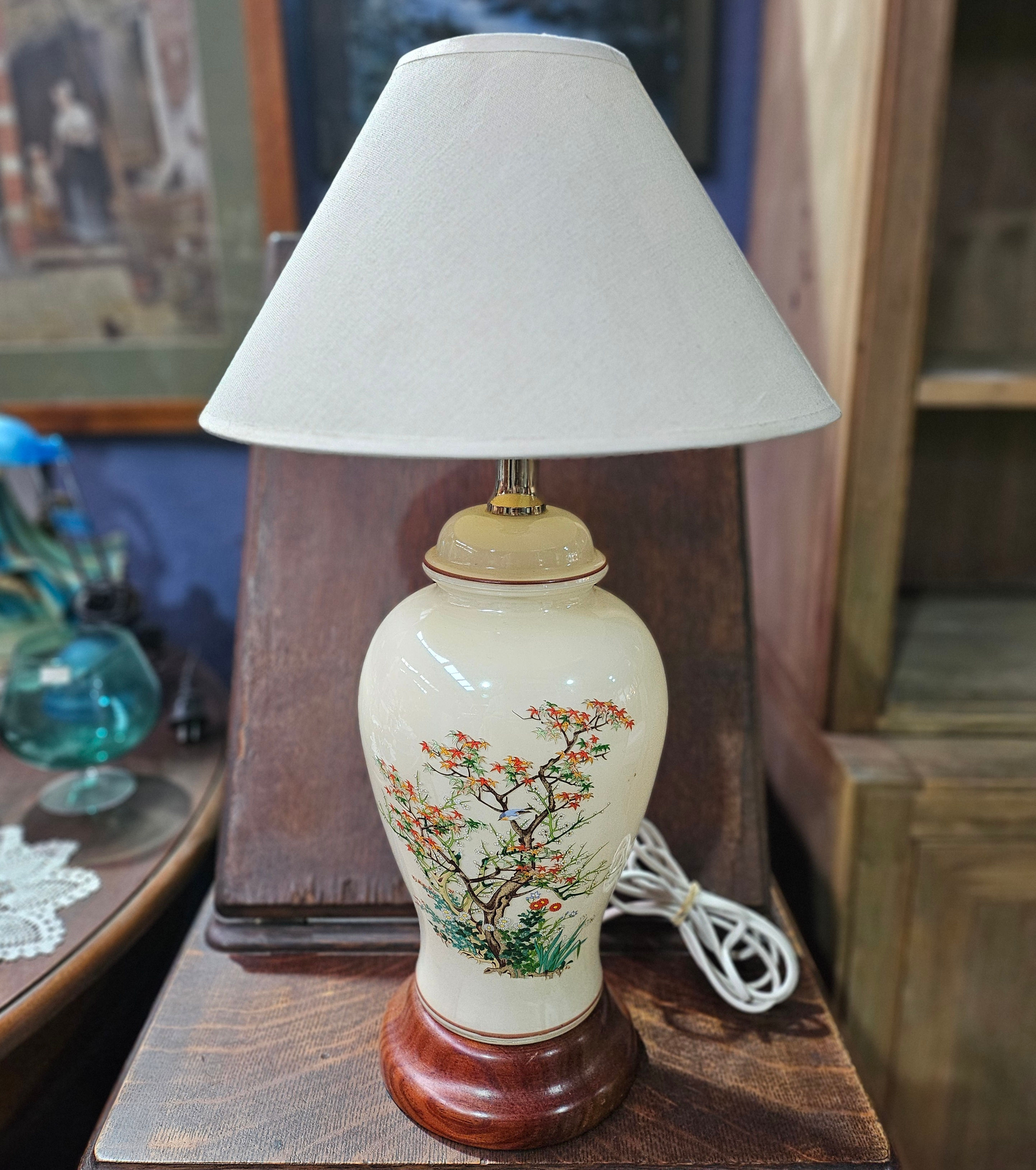Table Lamp: Vintage Ceramic Hand Painted Lamp On Timber Base W/ Cream Shade
